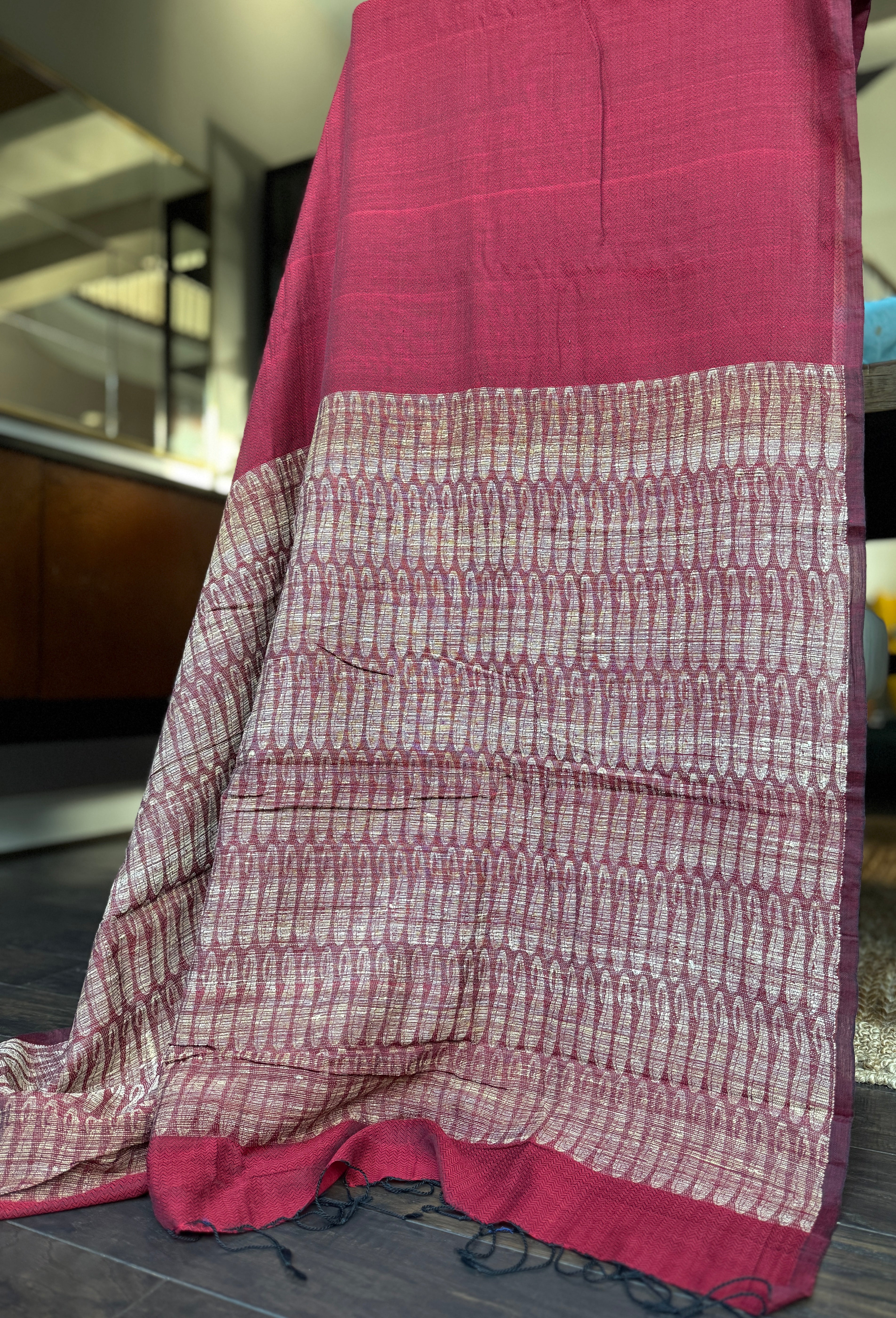 Pure Khadi Matka Cotton -  Maroon Jute Handwoven