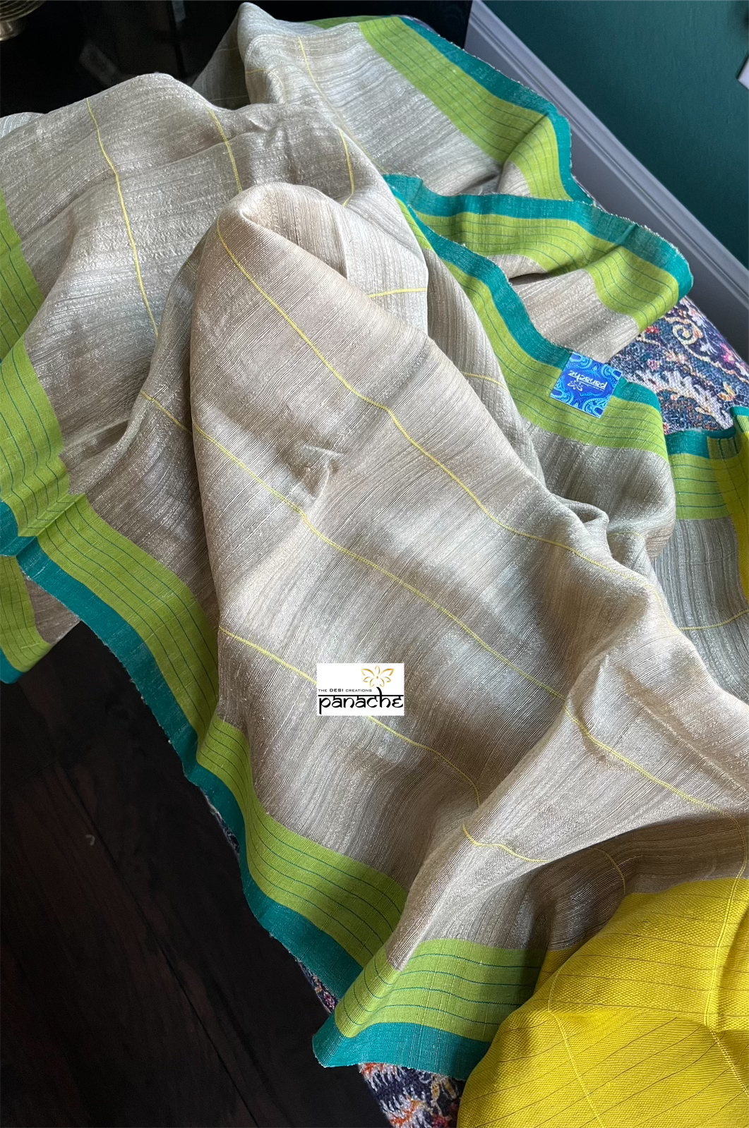 Pure Matka Silk - Tan Beige Lime Green