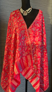 Kashmiri Semi Pashmina Stole - Red Multi 1 Resham Woven
