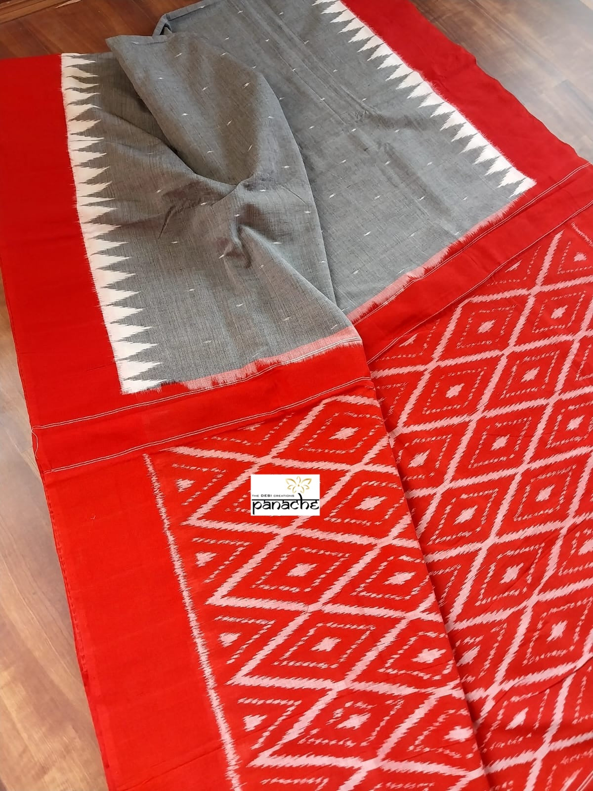 Pure Cotton Ikat - Grey Red Pochampolly