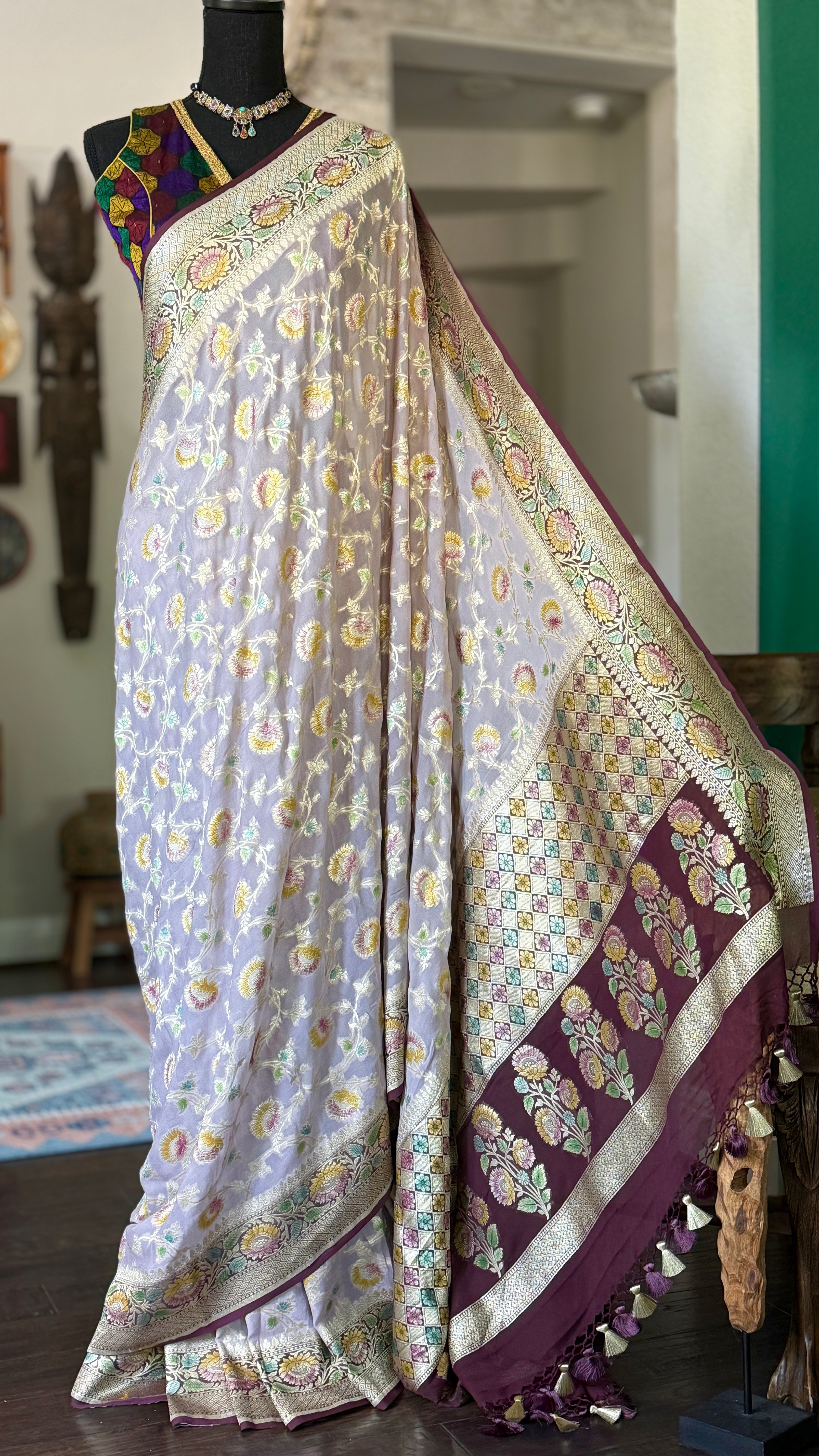 Khaddi Georgette Banarasi - Light Lilac Wine Color