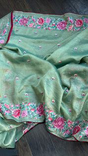 Designer Crushed Tissue Silk - Sea green Embroidered