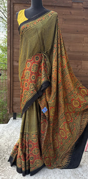 Modal Silk Ajrakh - Greenish Yellow Black Striped