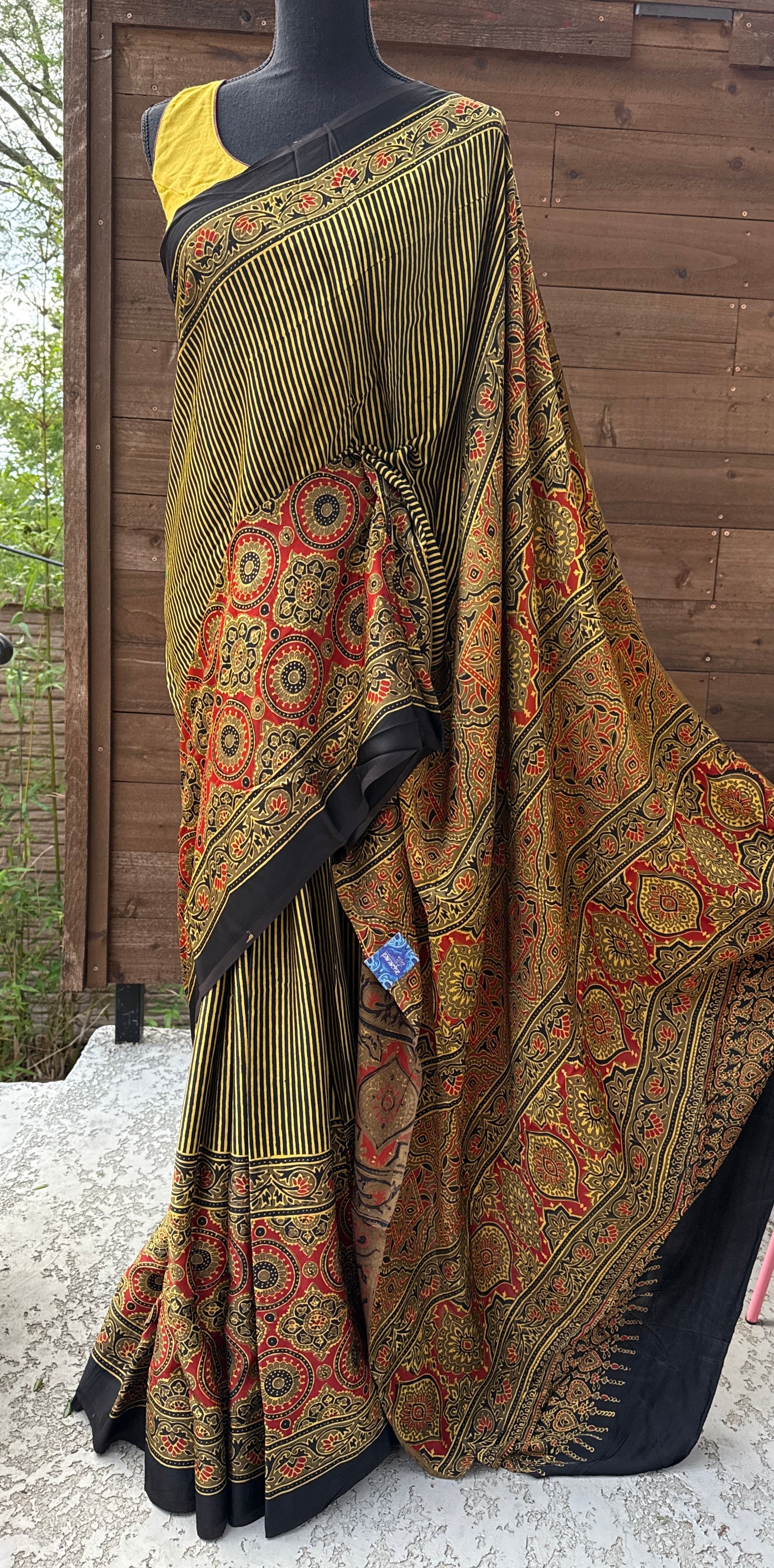 Modal Silk Ajrakh - Greenish Yellow Black Striped