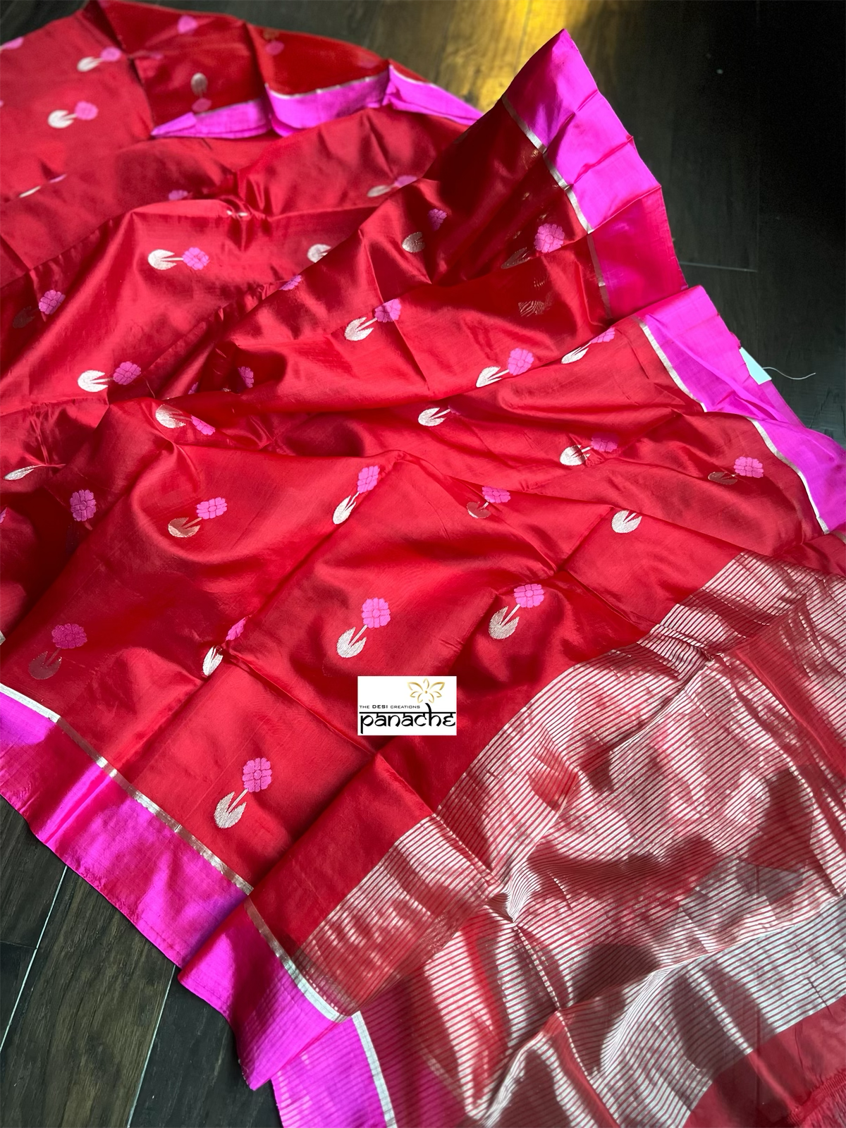 Pure Chanderi Pattu Silk - Red Magenta Pink Iknaliya woven