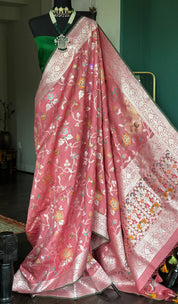 Tussar Georgette Banarasi- Gajri Pink Silver Zari