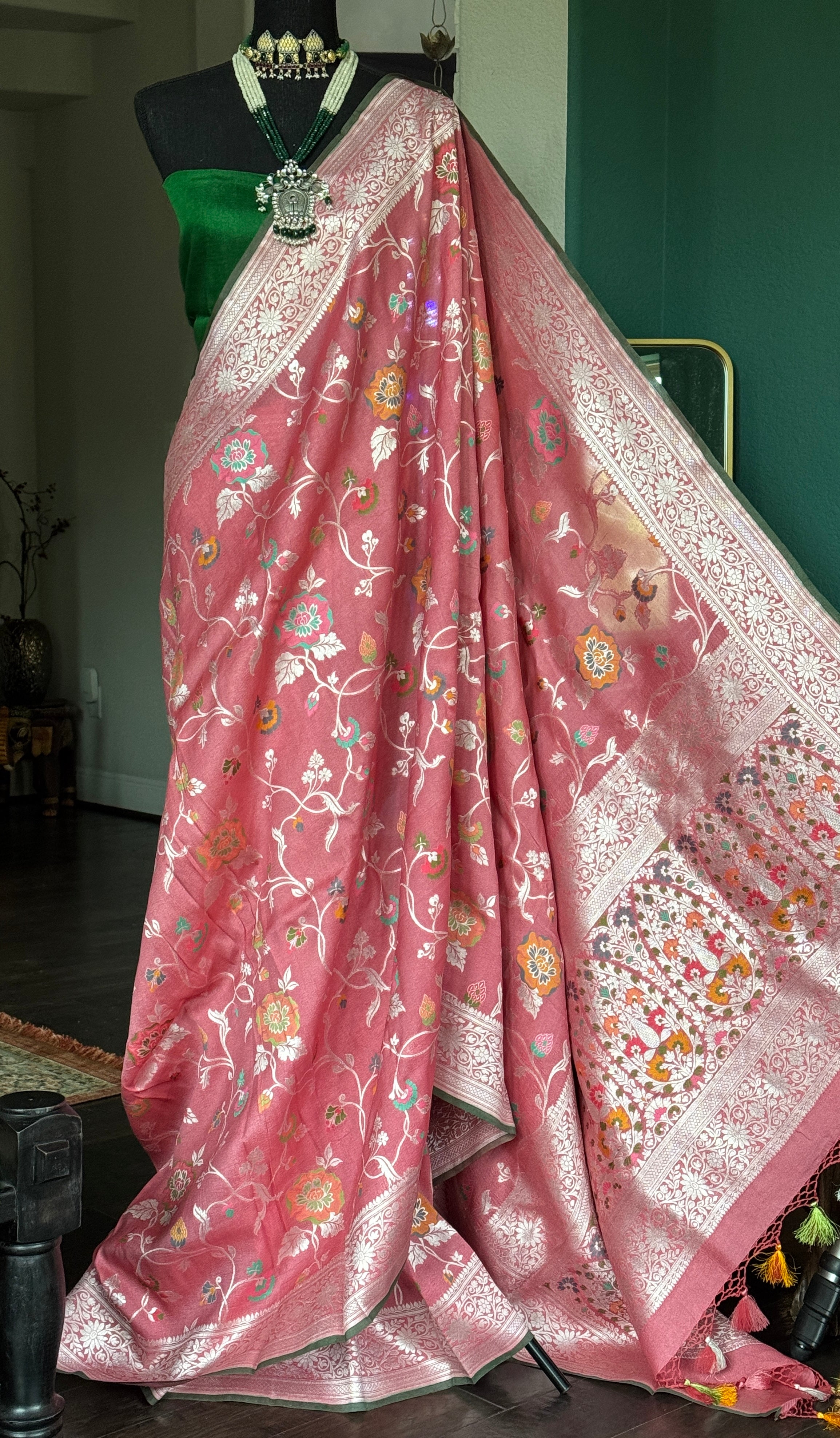 Tussar Georgette Banarasi- Gajri Pink Silver Zari