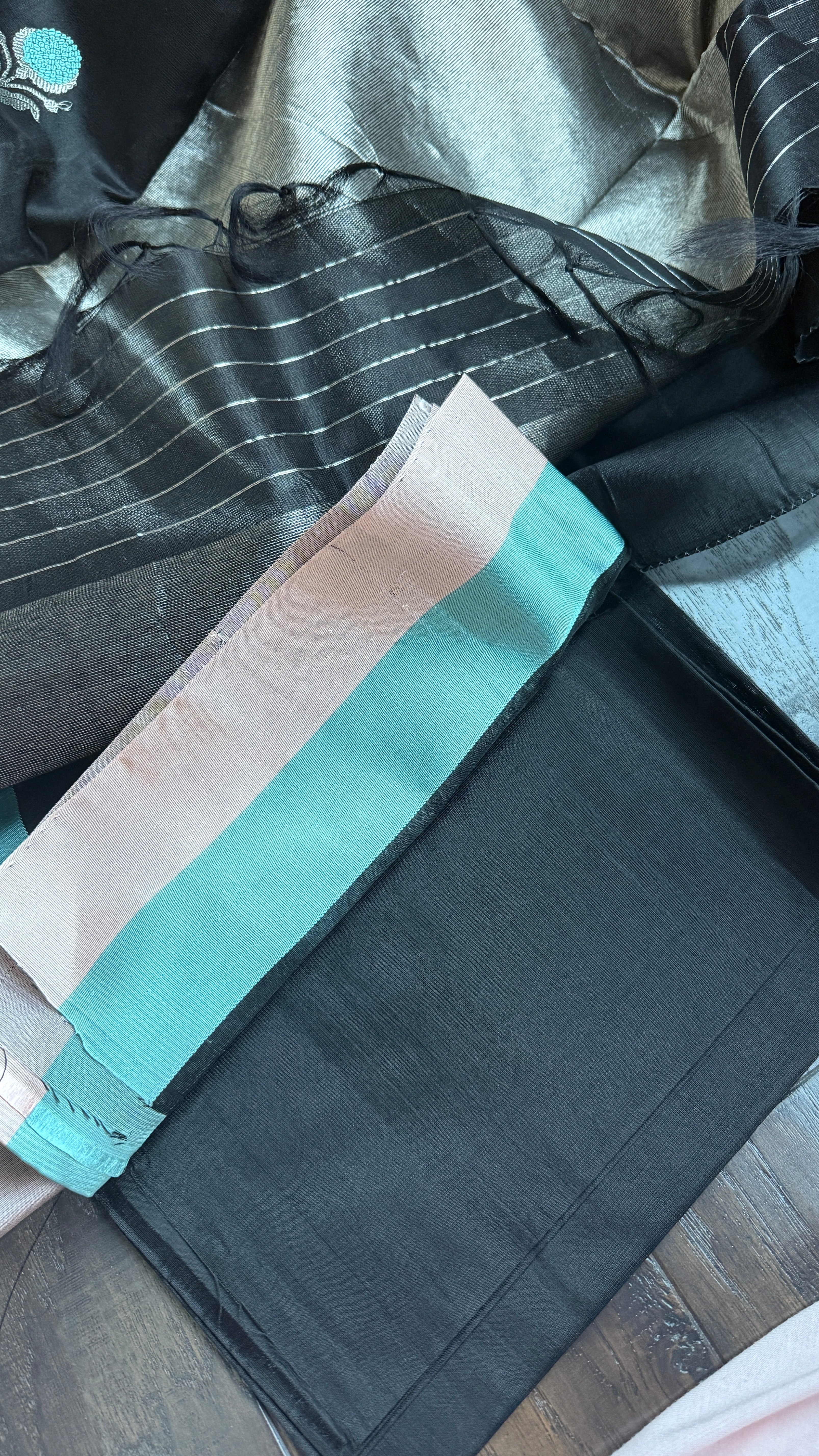 Pure Chanderi Pattu Silk - Black Peach Firozi Eknaliya