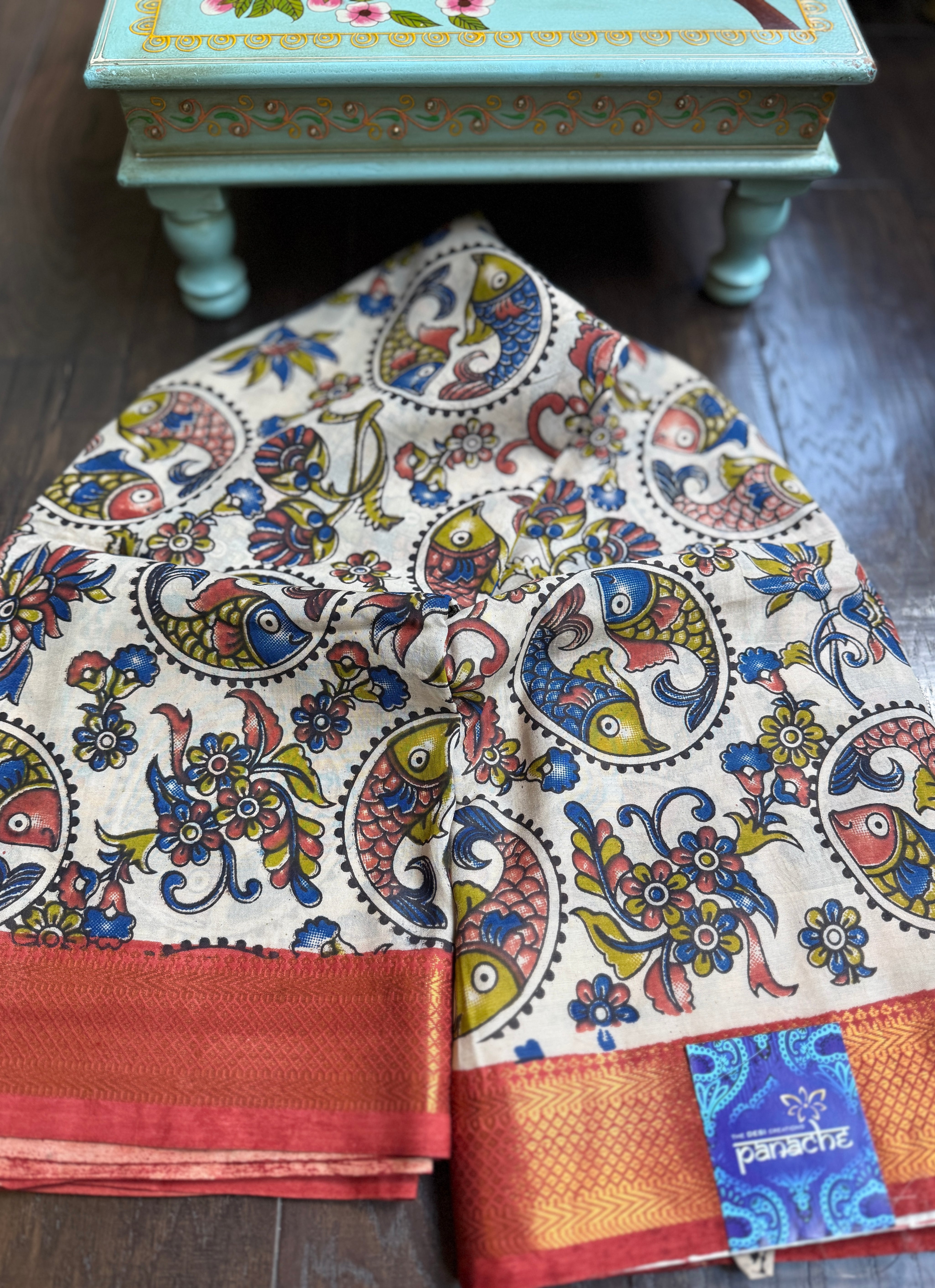 Chinori Silk Kalamkari  -  OffWhite Orange Meen