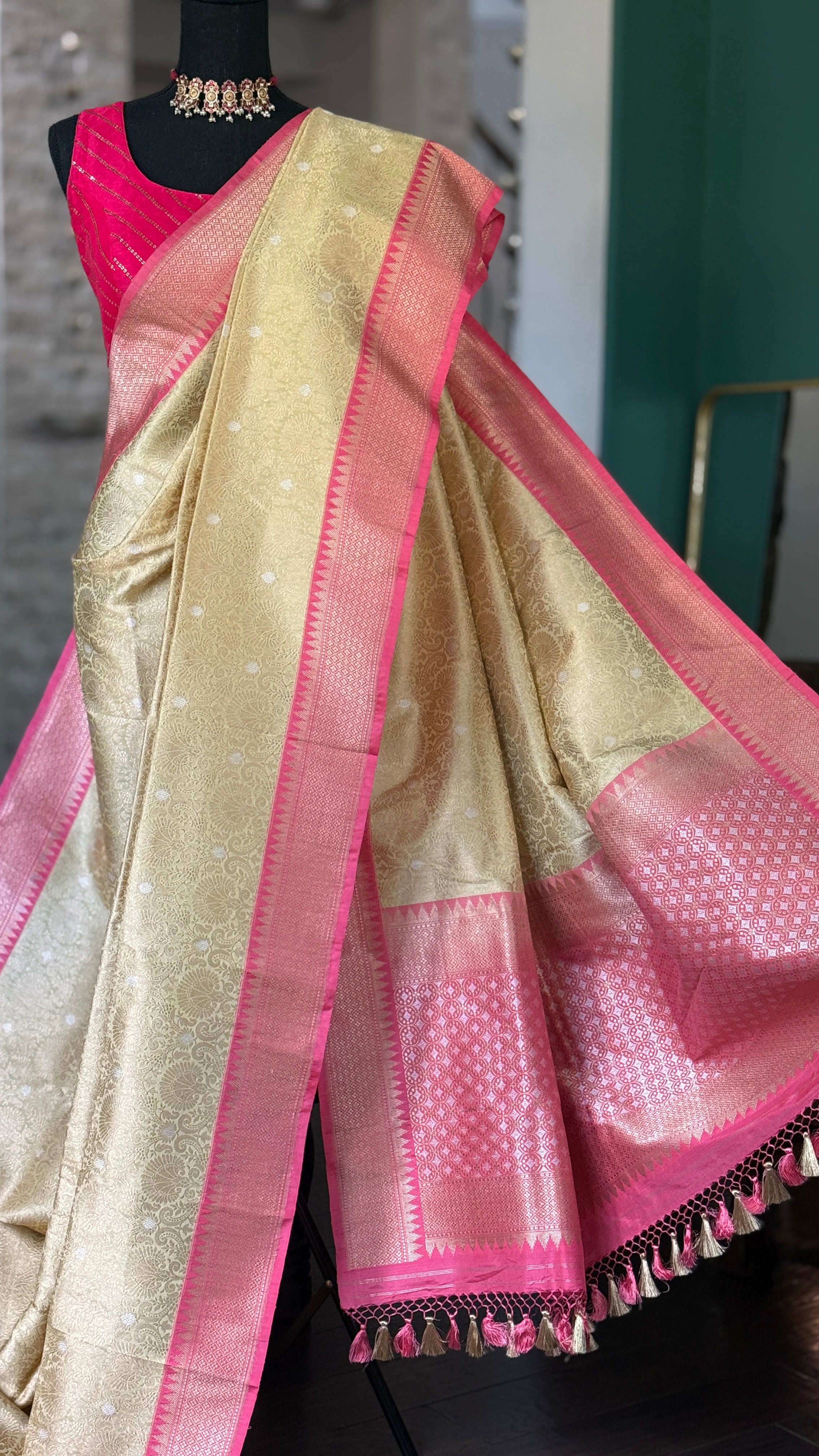 Pure Katan Silk Brocade Banarasi - Light Butter Cream Golden Zari woven