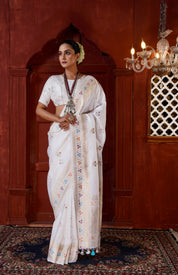 Pure Katan Silk Kadhua Banarasi - White antique Zari