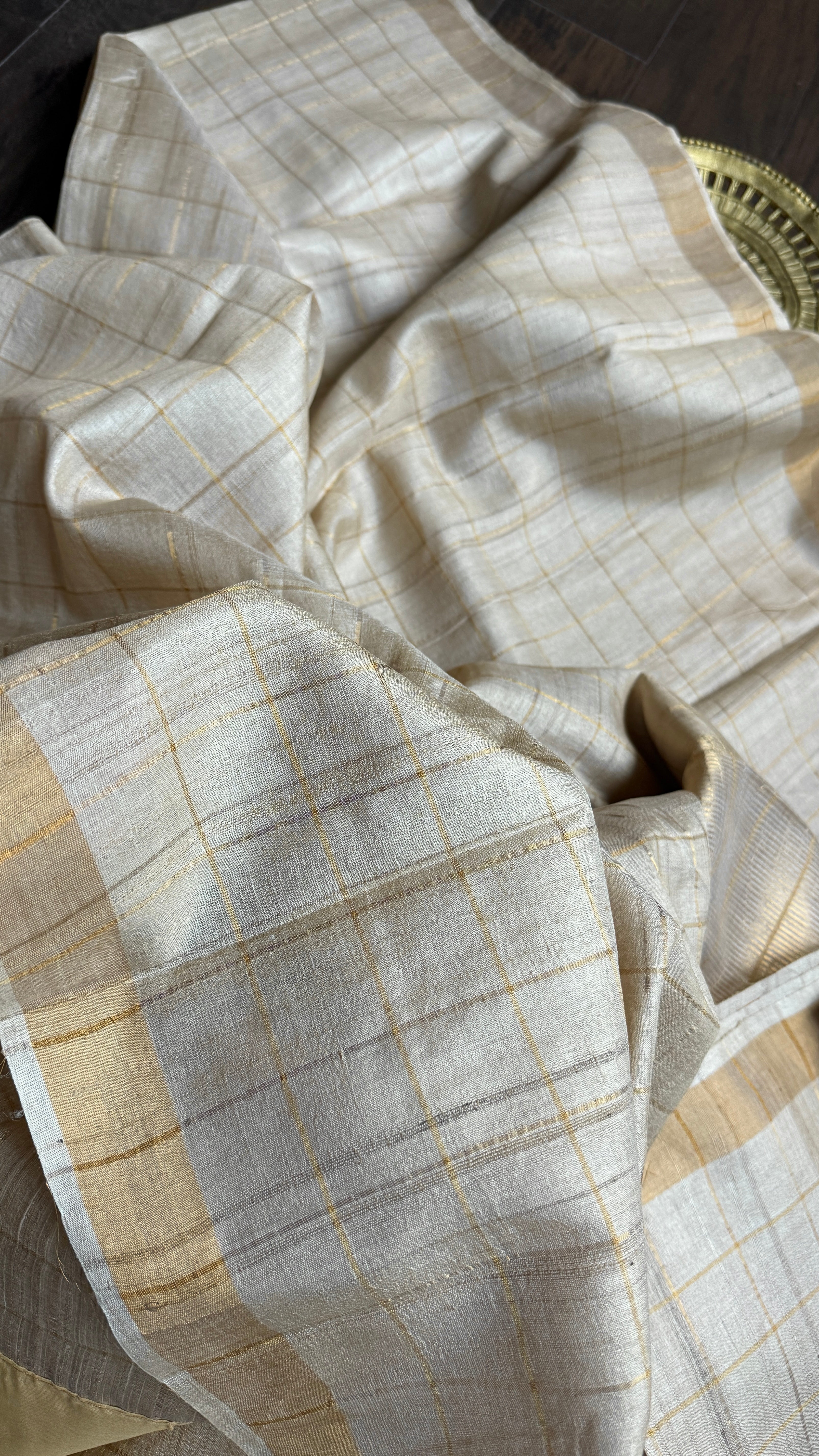 Pure Tussar Silk - Beige Golden Zari Woven5