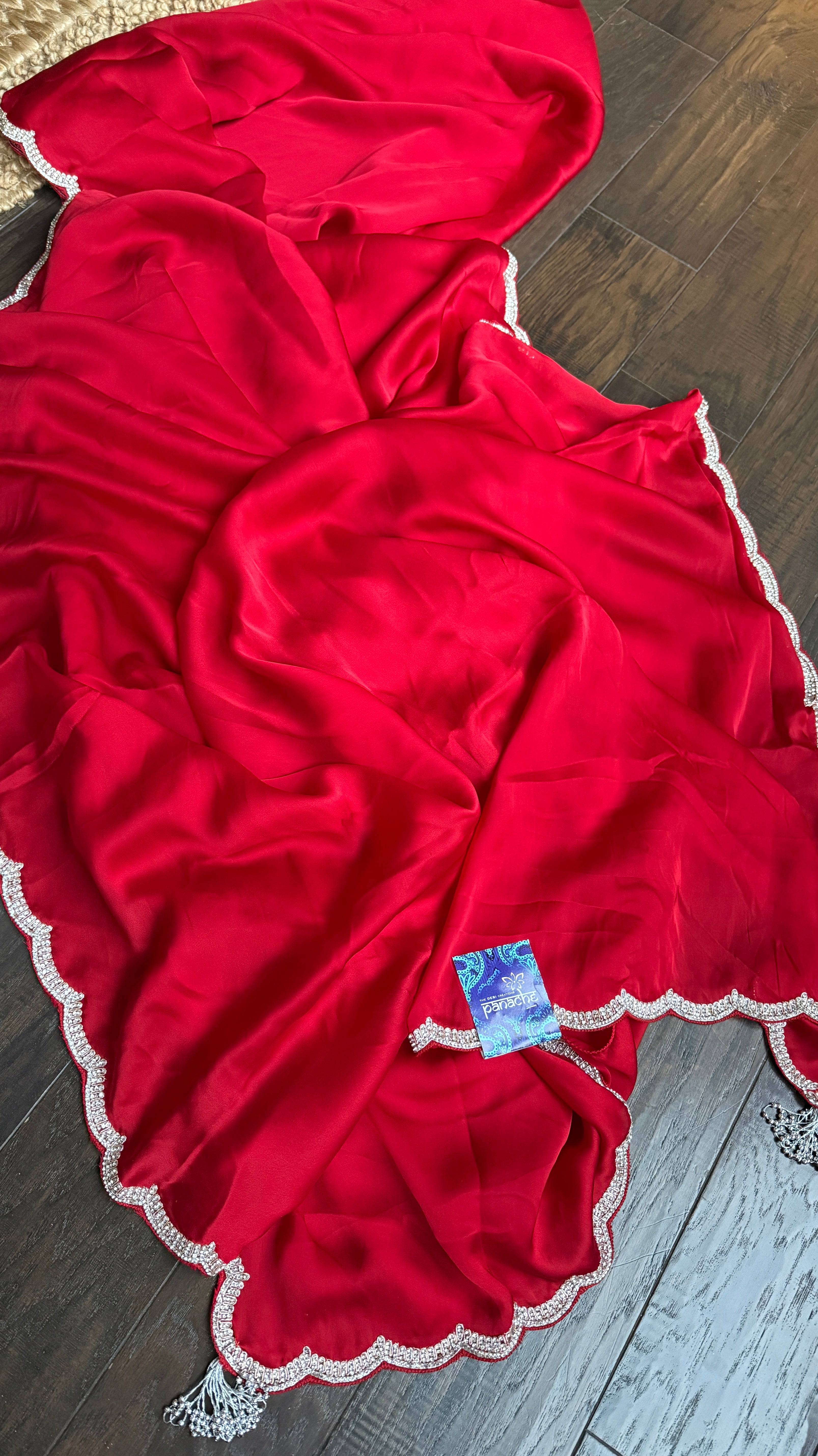 Designer Satin Silk - Red Stone Border