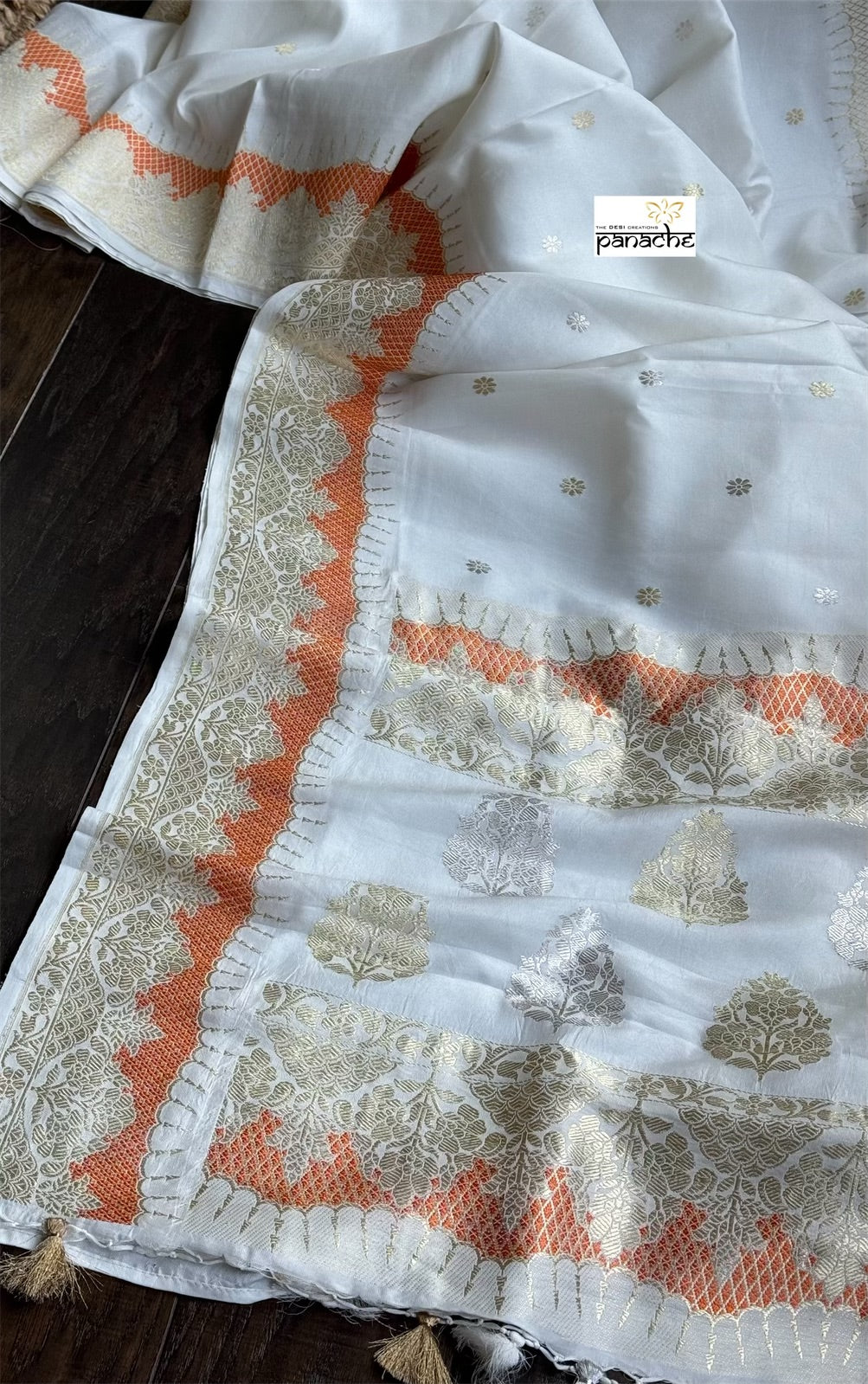 Pure Katan Silk Kadhua Banarasi - White antique Zari