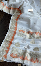 Pure Katan Silk Kadhua Banarasi - White antique Zari