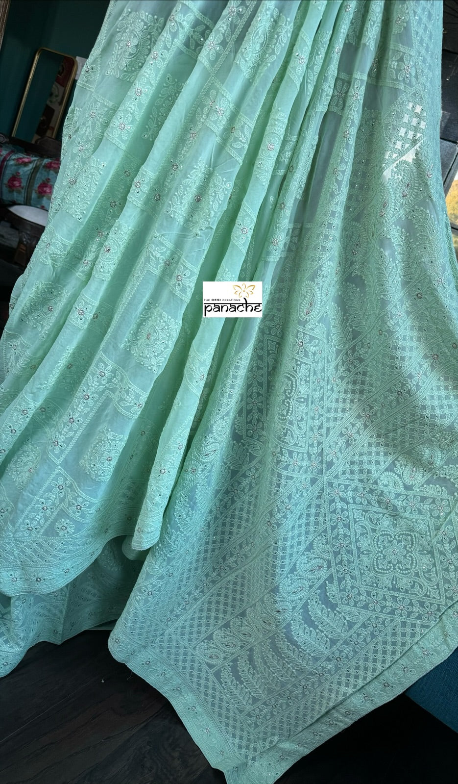 Designer Pure Georgette Chikankari - Light Pista Green