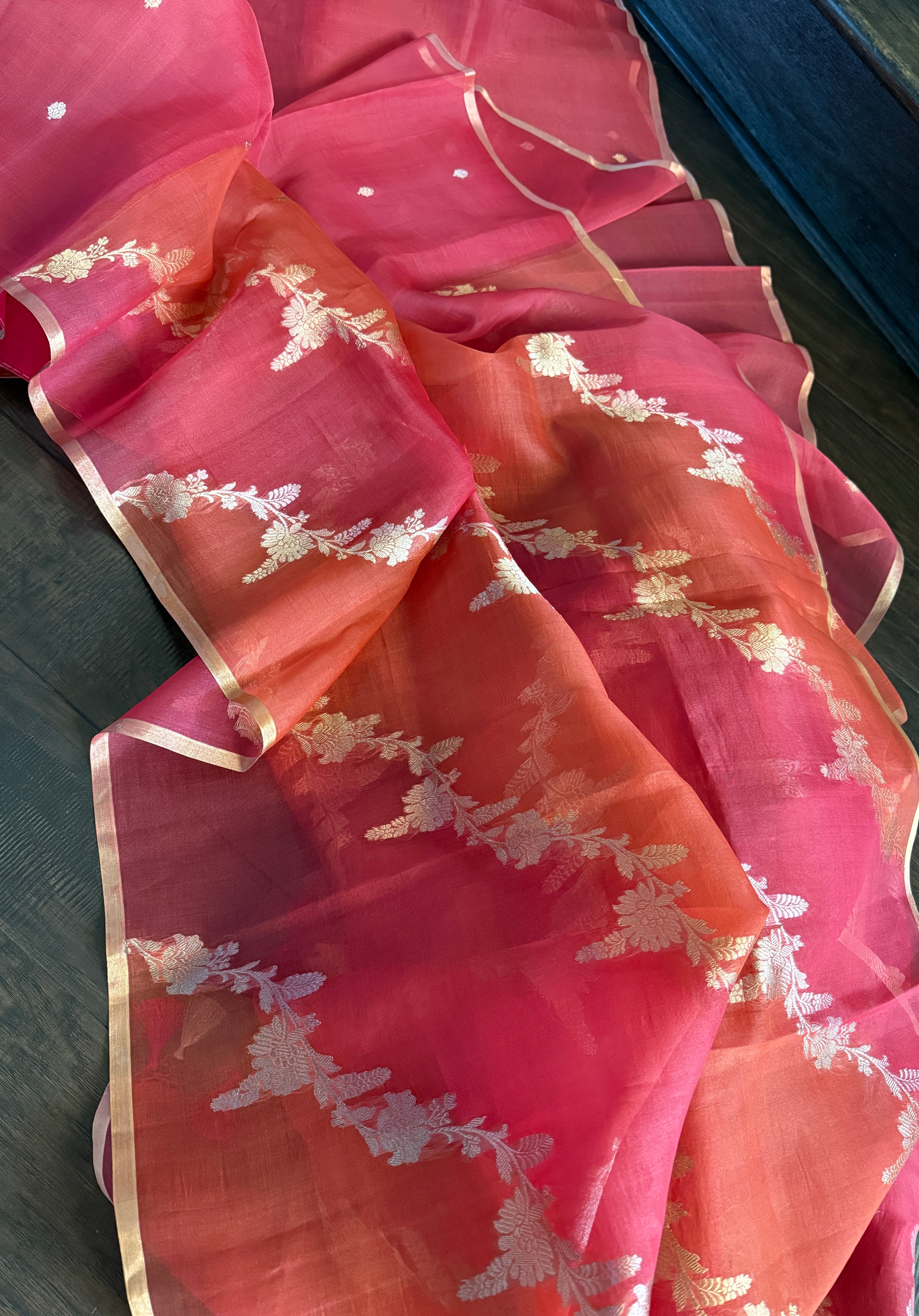 Kora Silk Rangkat Banarasi - Pink Orange Shaded