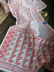 Jamdaani - White Red Zari Woven