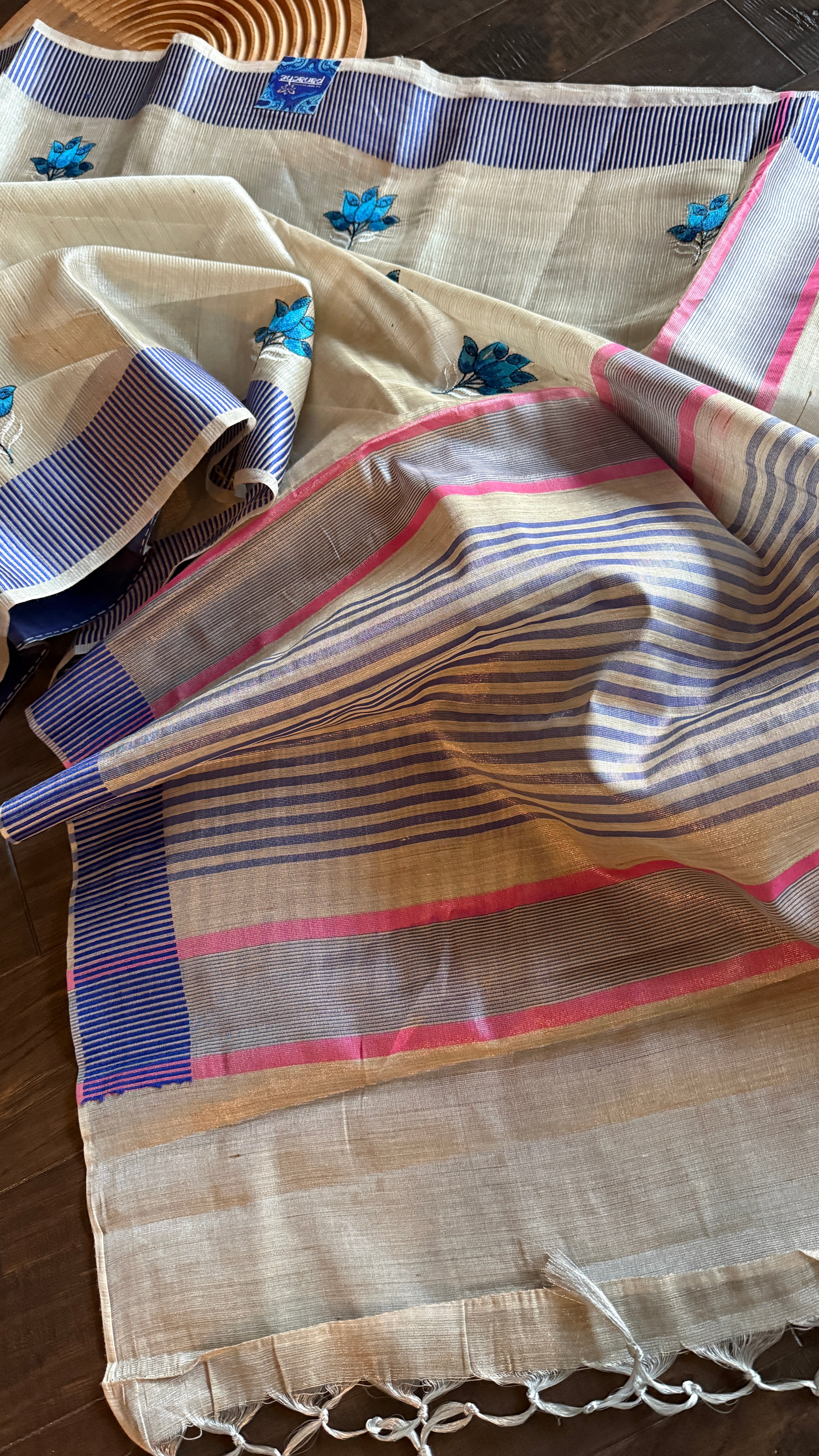 Designer Linen Tissue - Silver Grey Blue Embroidered