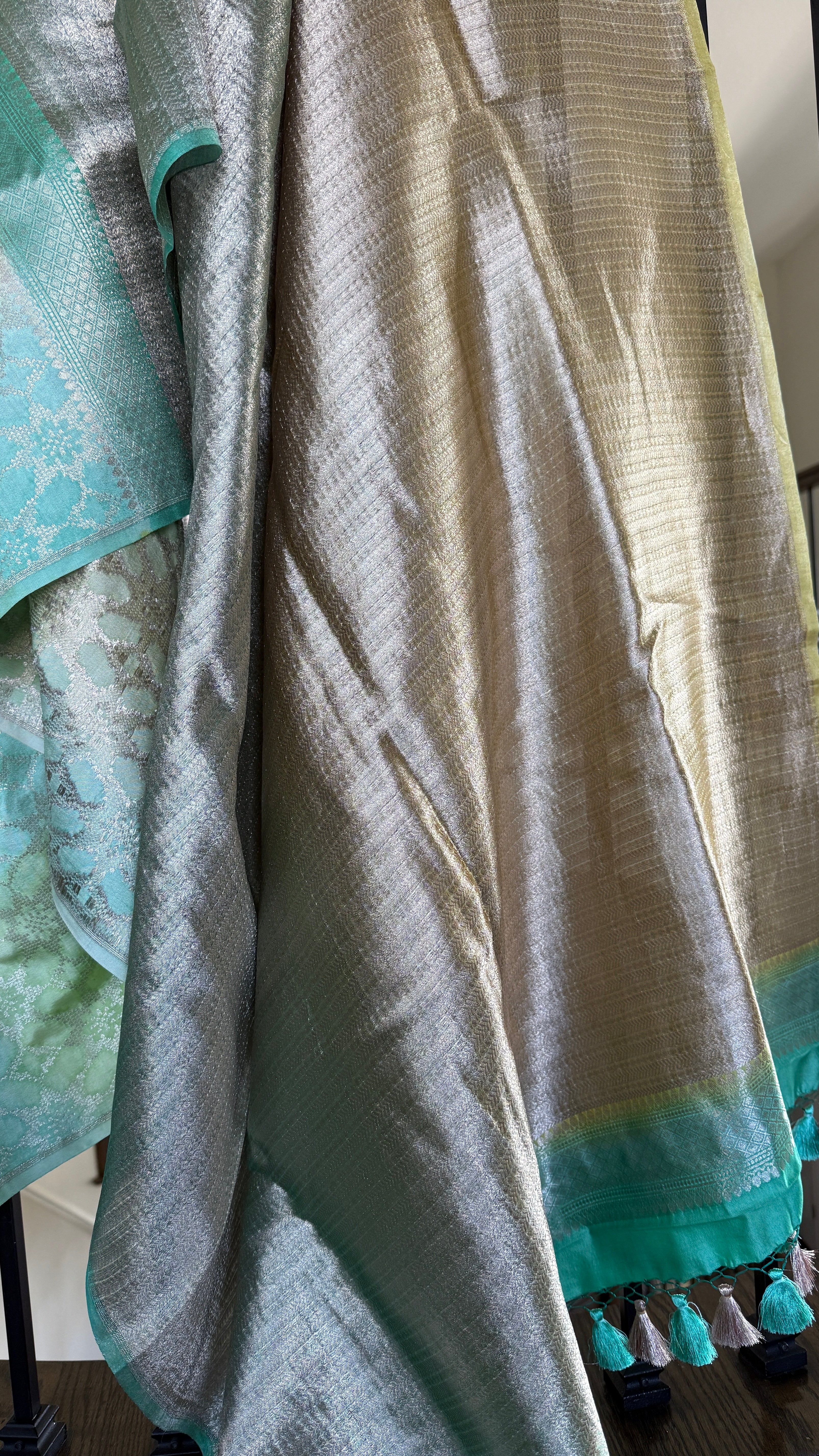 Designer Soft Silk Brocade Banarasi - Sea Green Pista Golden Tie-Dye