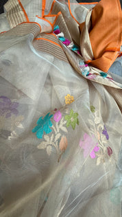 Handwoven Pure Tissue Net Organza Silk Saree with Zari Border & Multicolor Floral Motifs – Lightweight Festive Wear | Ships from USA