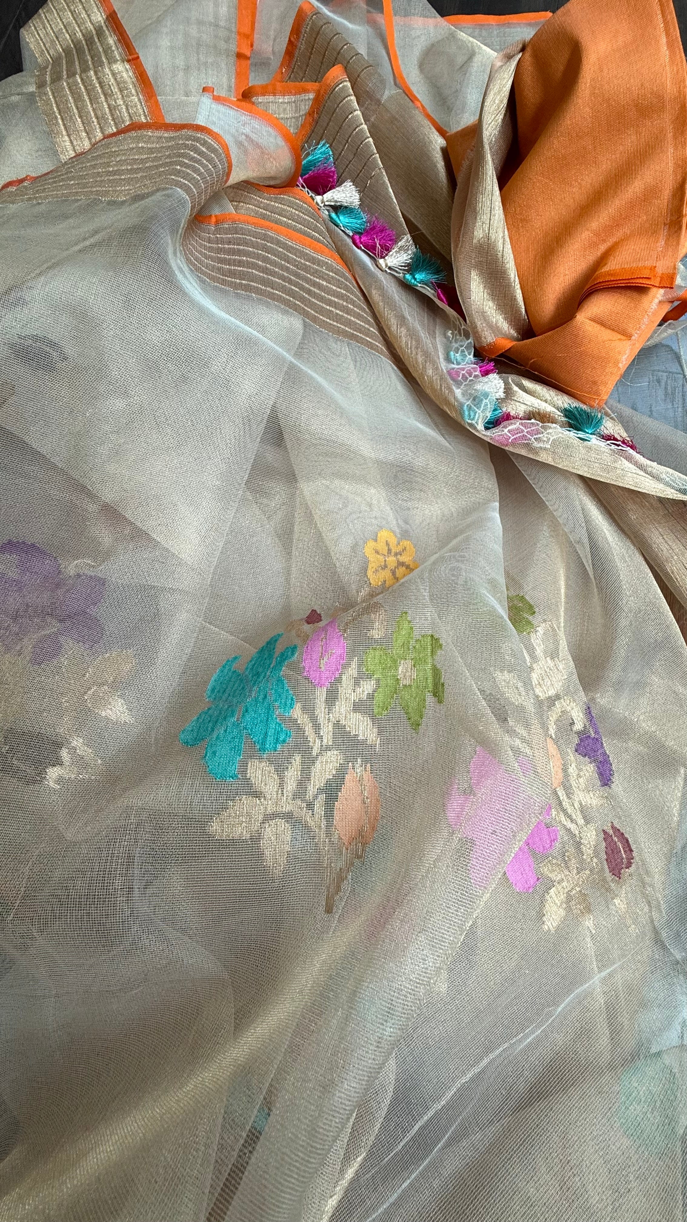 Handwoven Pure Tissue Net Organza Silk Saree with Zari Border & Multicolor Floral Motifs – Lightweight Festive Wear | Ships from USA