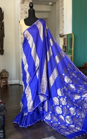 Designer Muga Chiffon Banarasi - Purple Blue Hand Zardozi Embroiderd