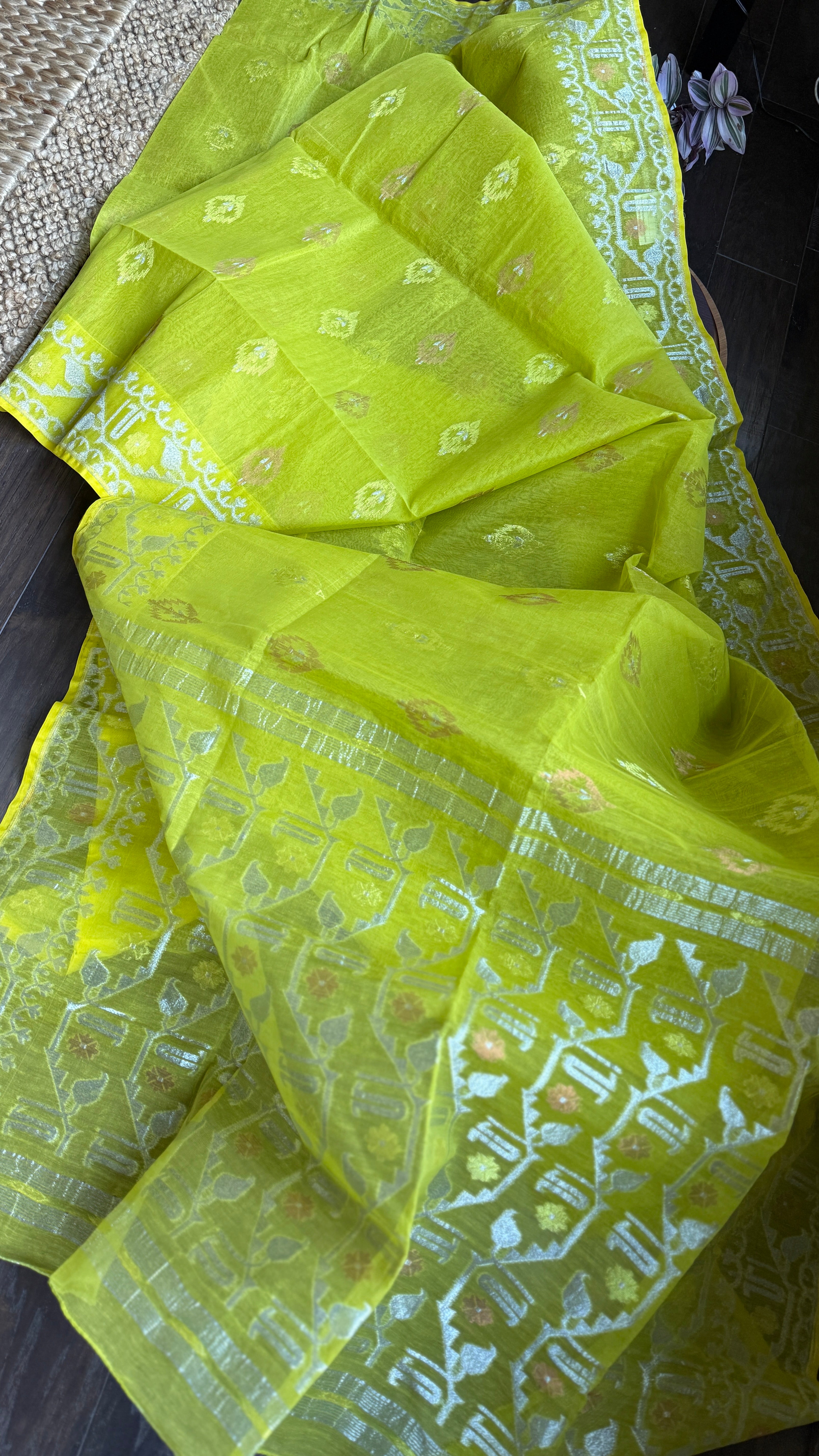 Dhakai Jamdani  - Lime Green Silver Zari  Woven