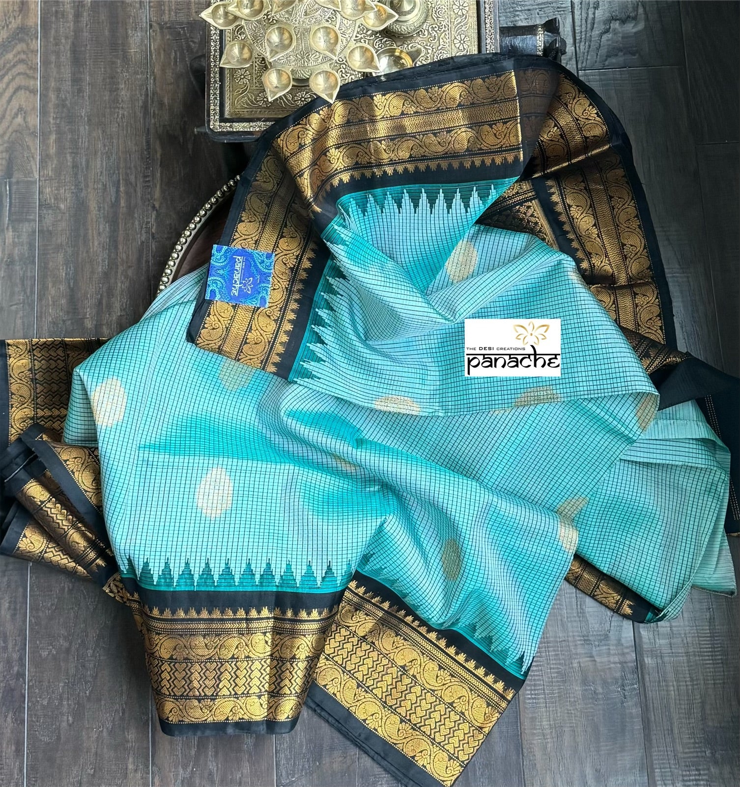 Pure Silk Gadwal - Aqua Sea Blue Black