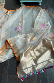 Handwoven Pure Tissue Net Organza Silk Saree with Zari Border & Multicolor Floral Motifs – Lightweight Festive Wear | Ships from USA