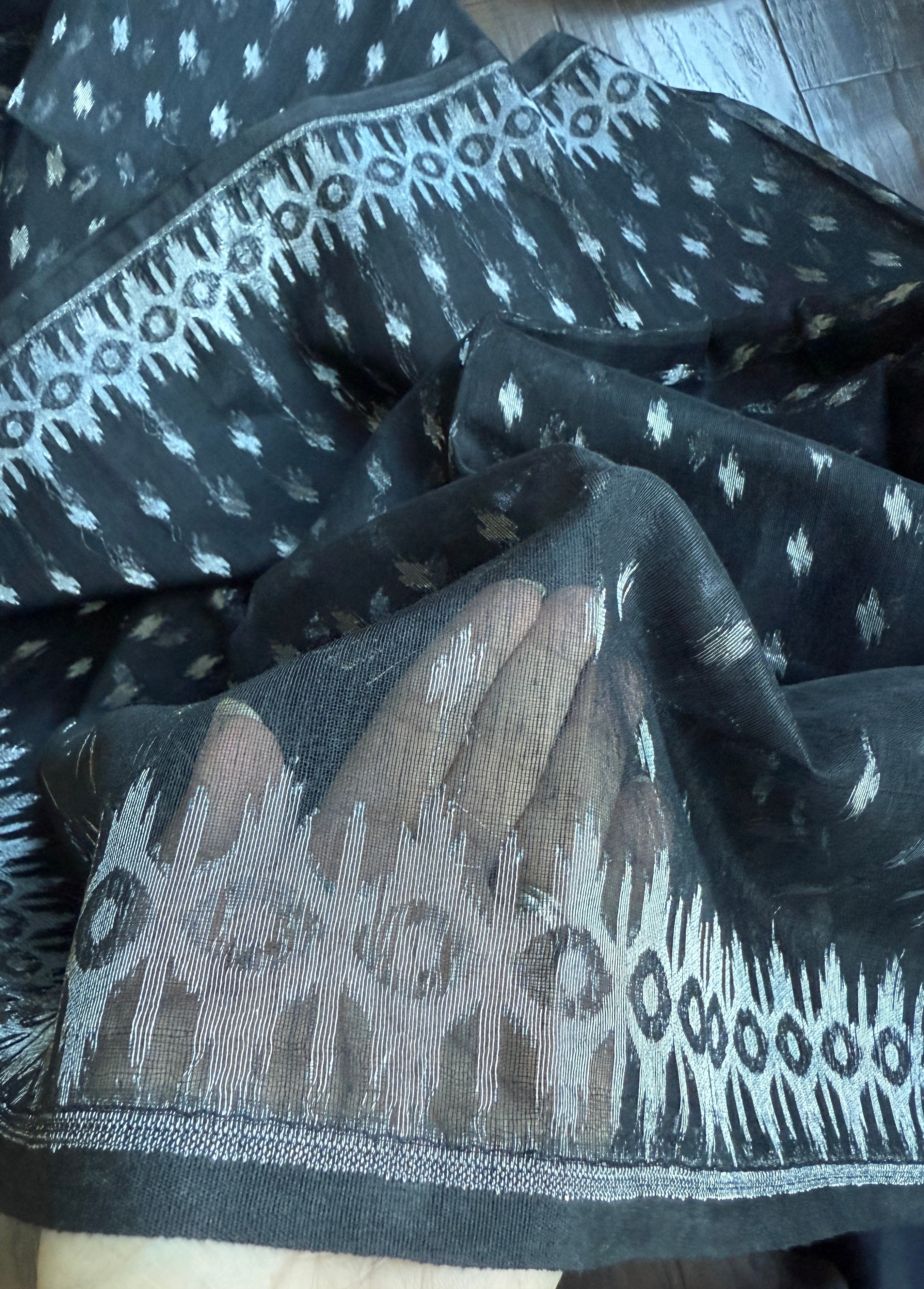 Soft Dhakai Jamdani  - Black Silver Zari