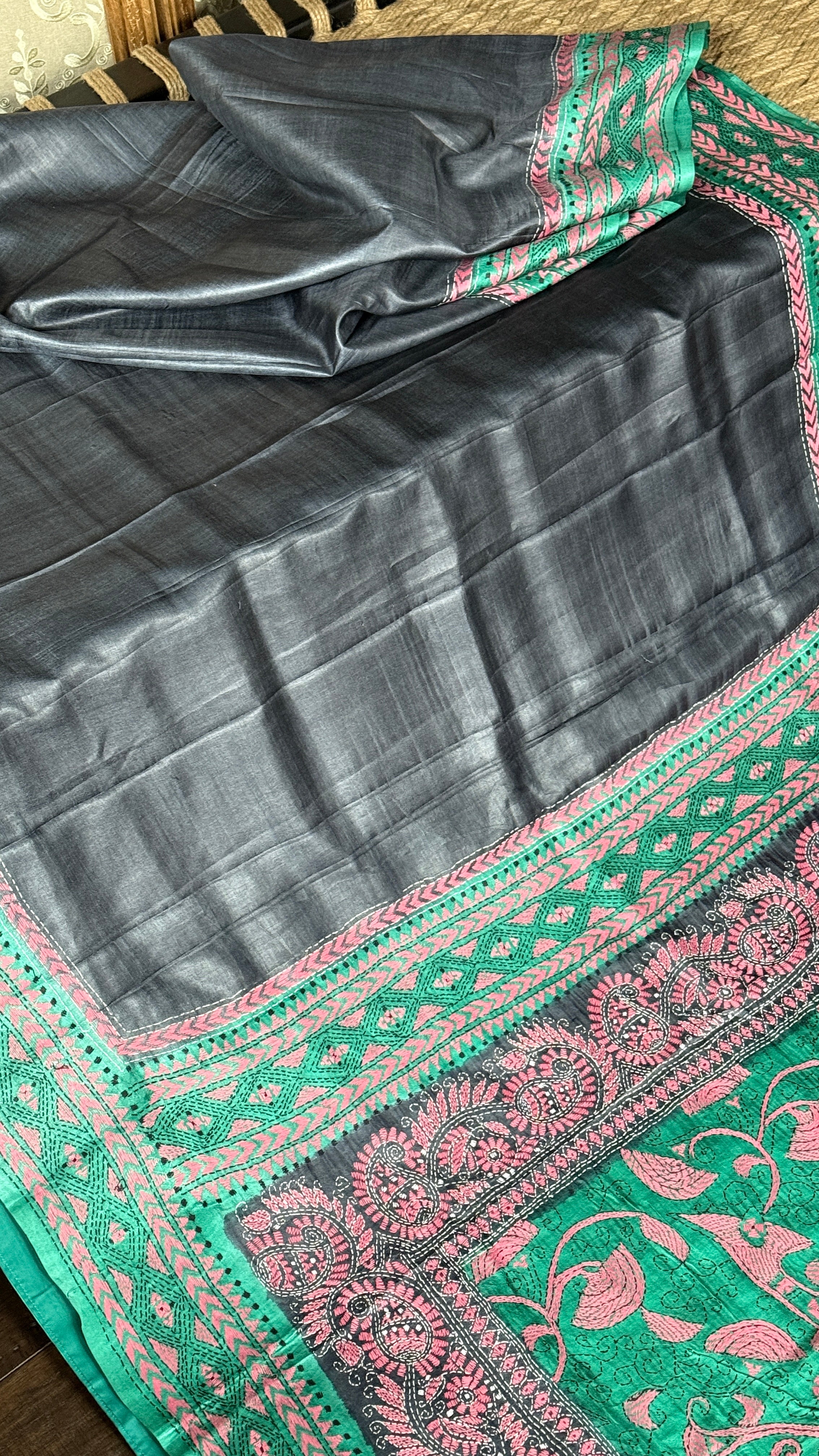 Pure Tussar Silk Kantha Stitch -  Grey Green