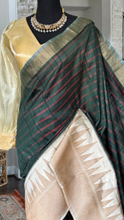 Pure Tassur Silk Banarasi - Dark Black Avocado Green Striped