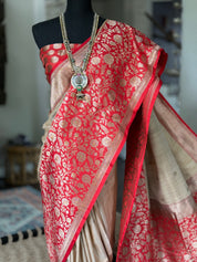 Pure Tassur Silk Banarasi - Beige Tan Red Meenakari