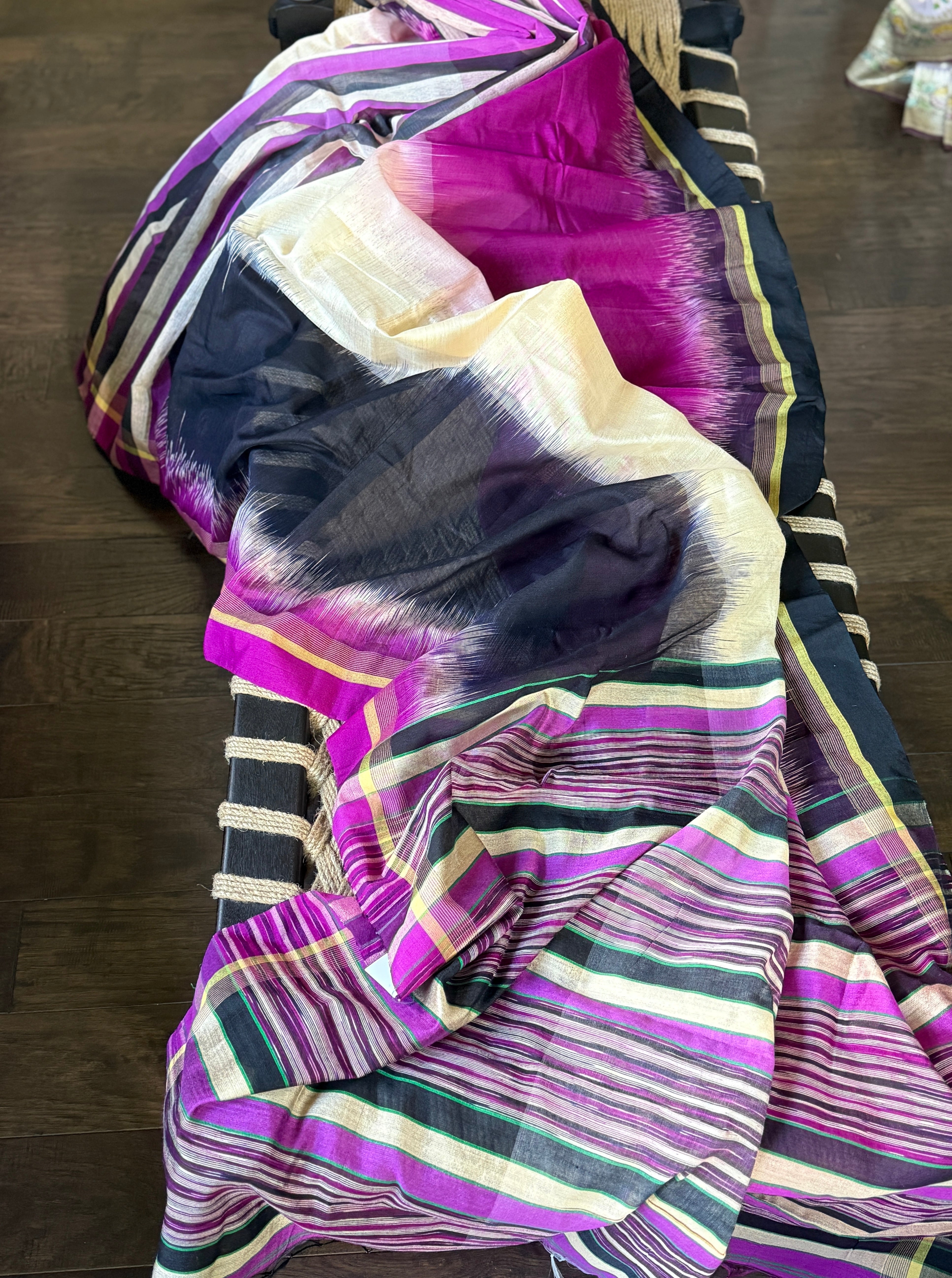 Cotton Silk Ikat - Cream Purple Black
