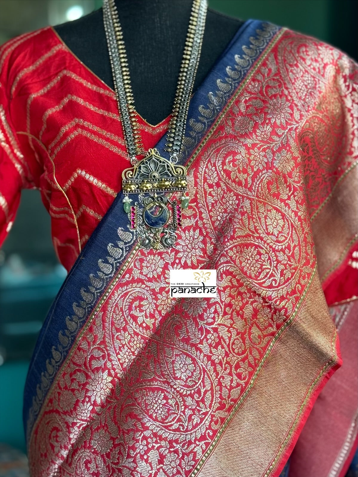 Pure Tassur by Katan Silk Banarasi - Navy Blue Red