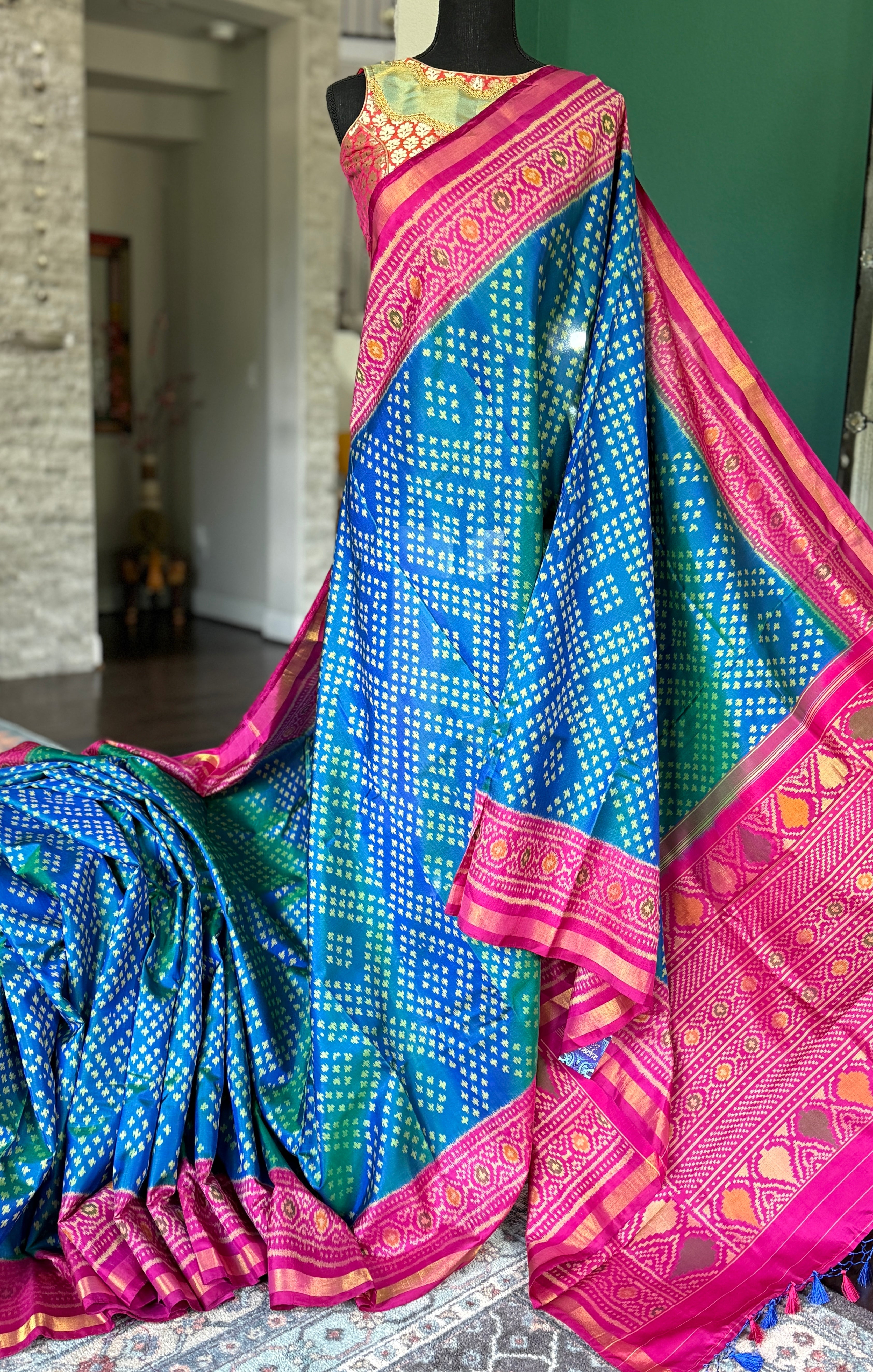 Pure Silk Ikat -  Firozi Sea Green Magenta