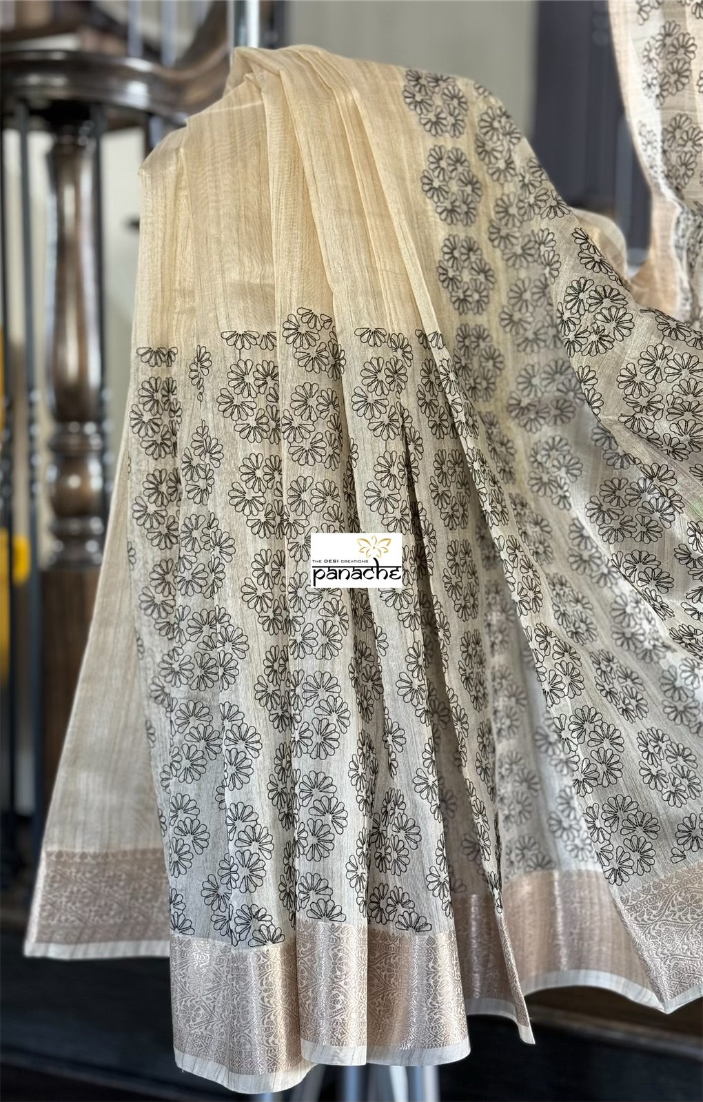 Cotton Silk Banaras Chanderi - Beige Black Embroidered