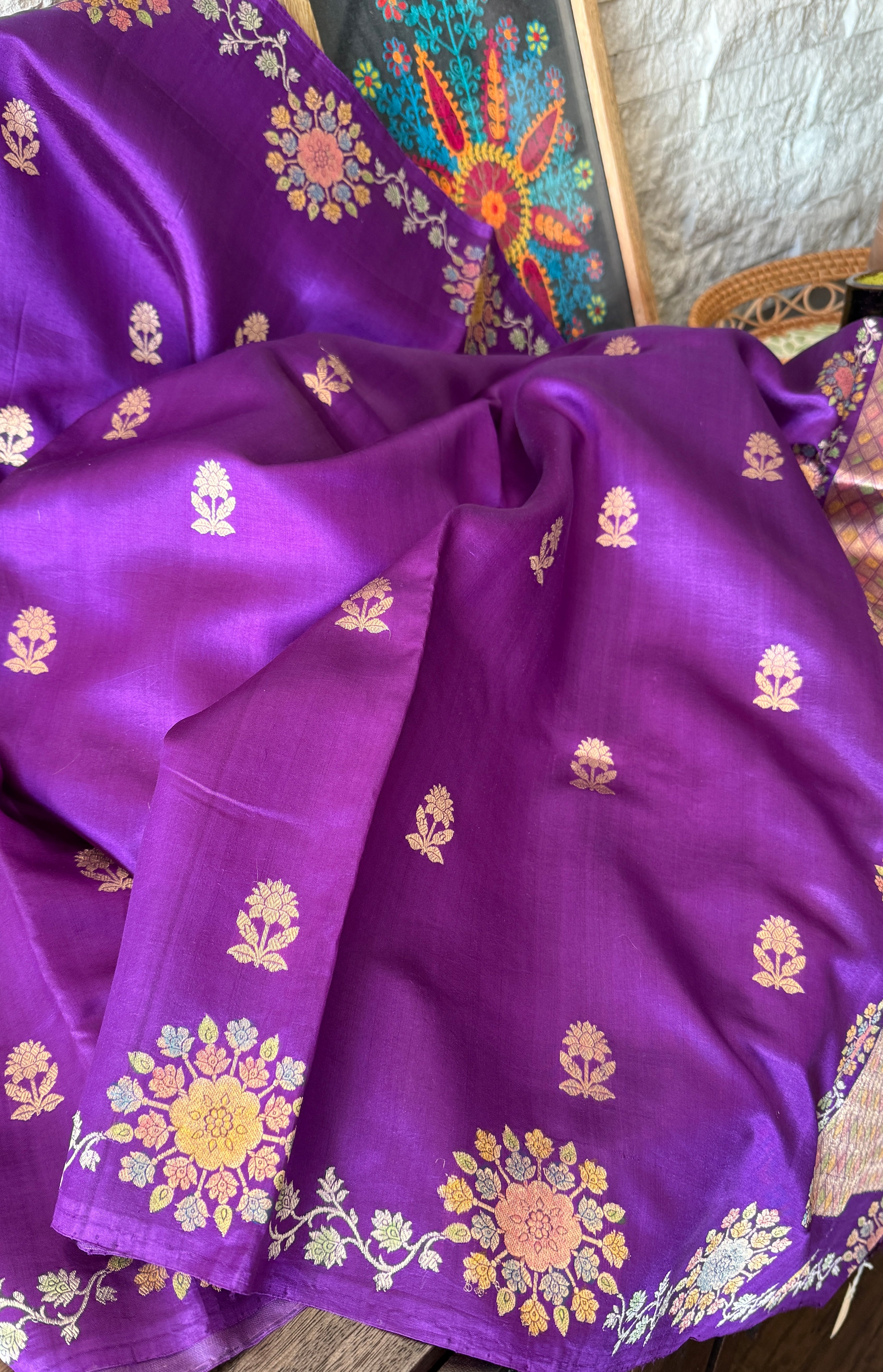 Pure Katan Silk Banarasi - Purple Hand Brush painted