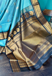 Pure Silk Gadwal - Aqua Sea Blue Black