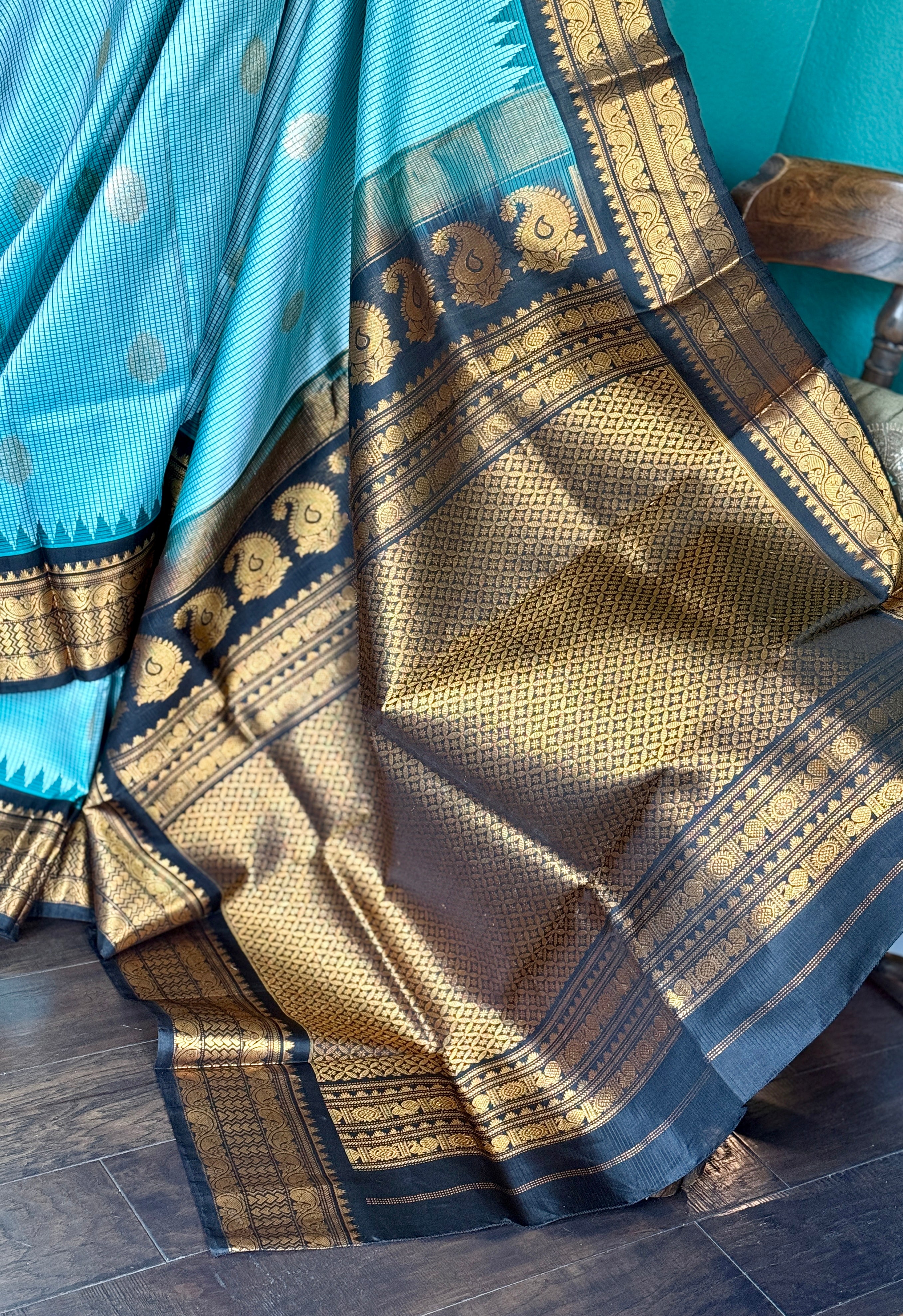 Pure Silk Gadwal - Aqua Sea Blue Black