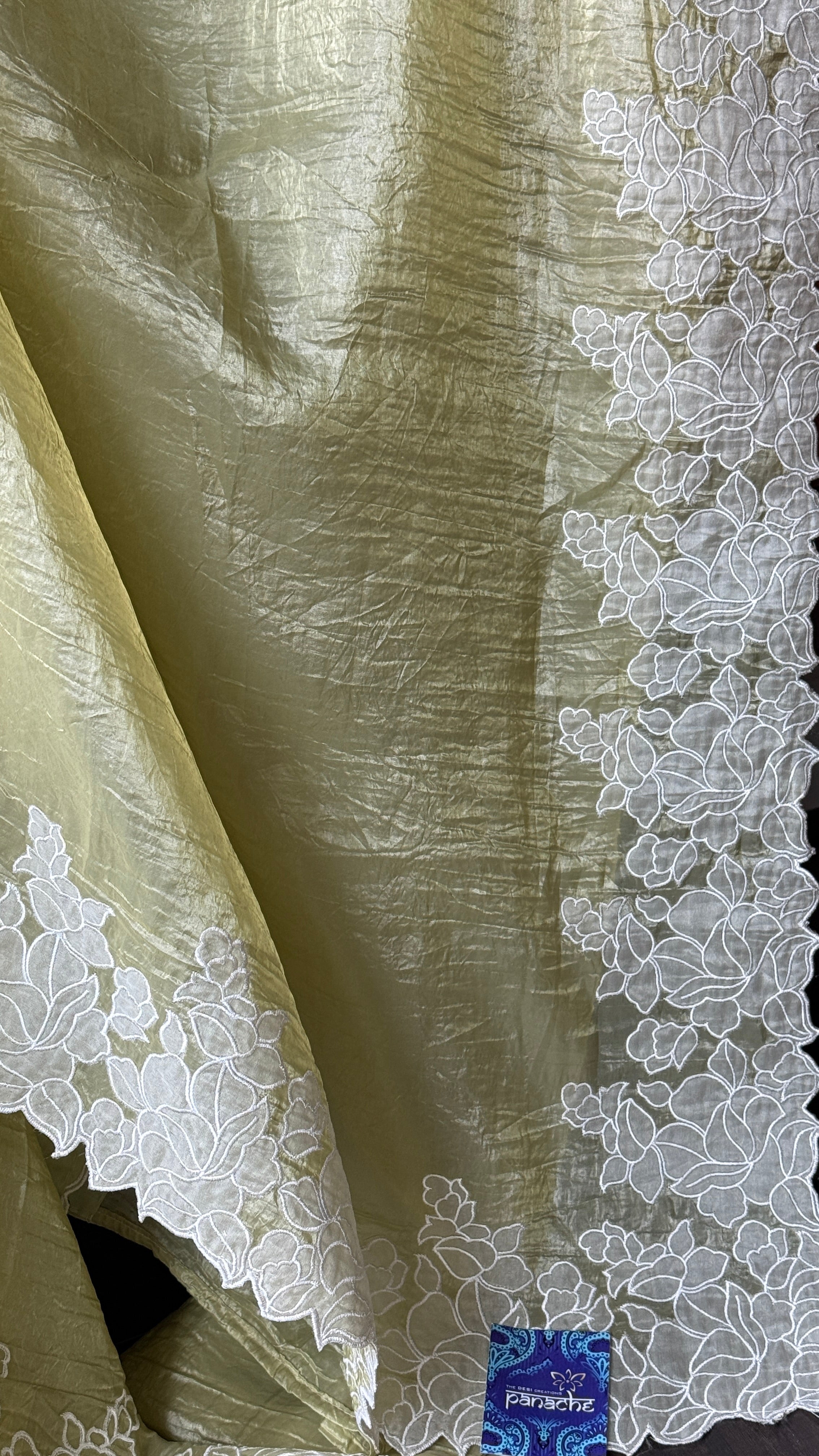 Designer Crushed Tissue Silk - Light Pista Appliqué Embroidered