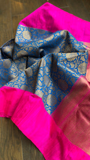 Raw Silk Banarasi - Blue Hot Pink Jaal Weave