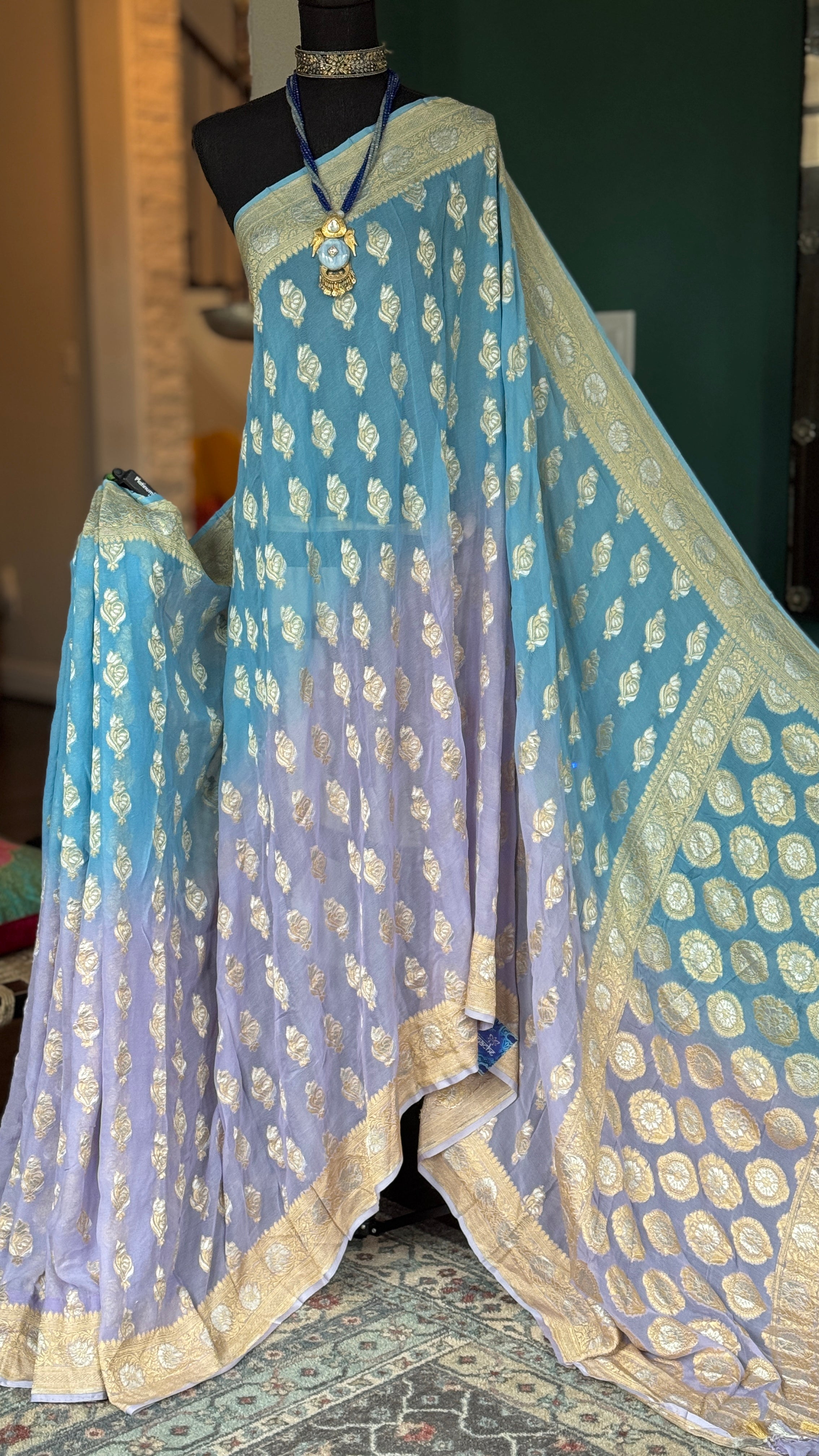 Khaddi Georgette Shaded Banarasi - Light Blue Lavender