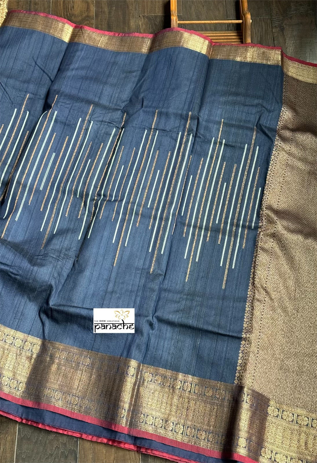 Pure Tussar Silk Banarasi - Navy Blue Antique Zari