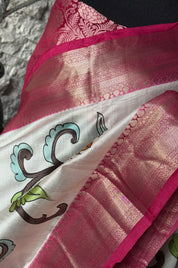 Pen Kalamkari Muga Banarasi - Off White Pink