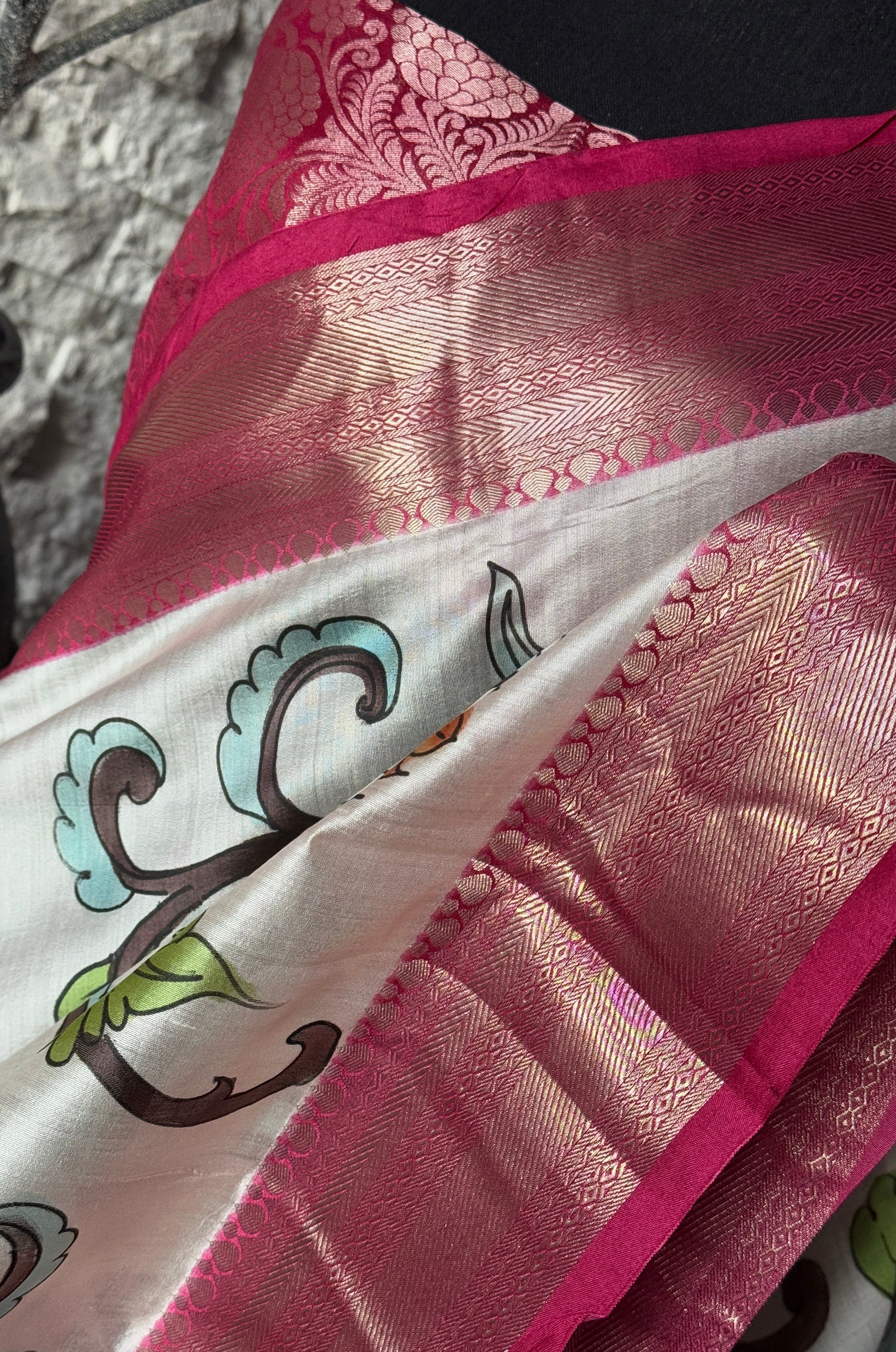 Pen Kalamkari Muga Banarasi - Off White Pink