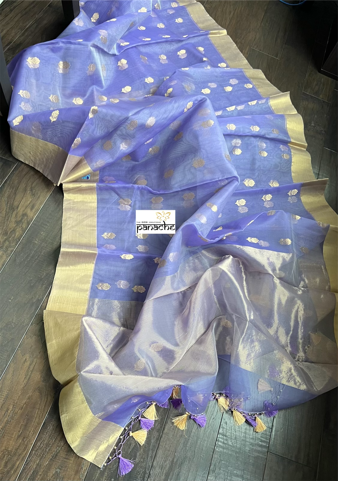 Pure Chanderi Organza Silk - Violet Golden Zari