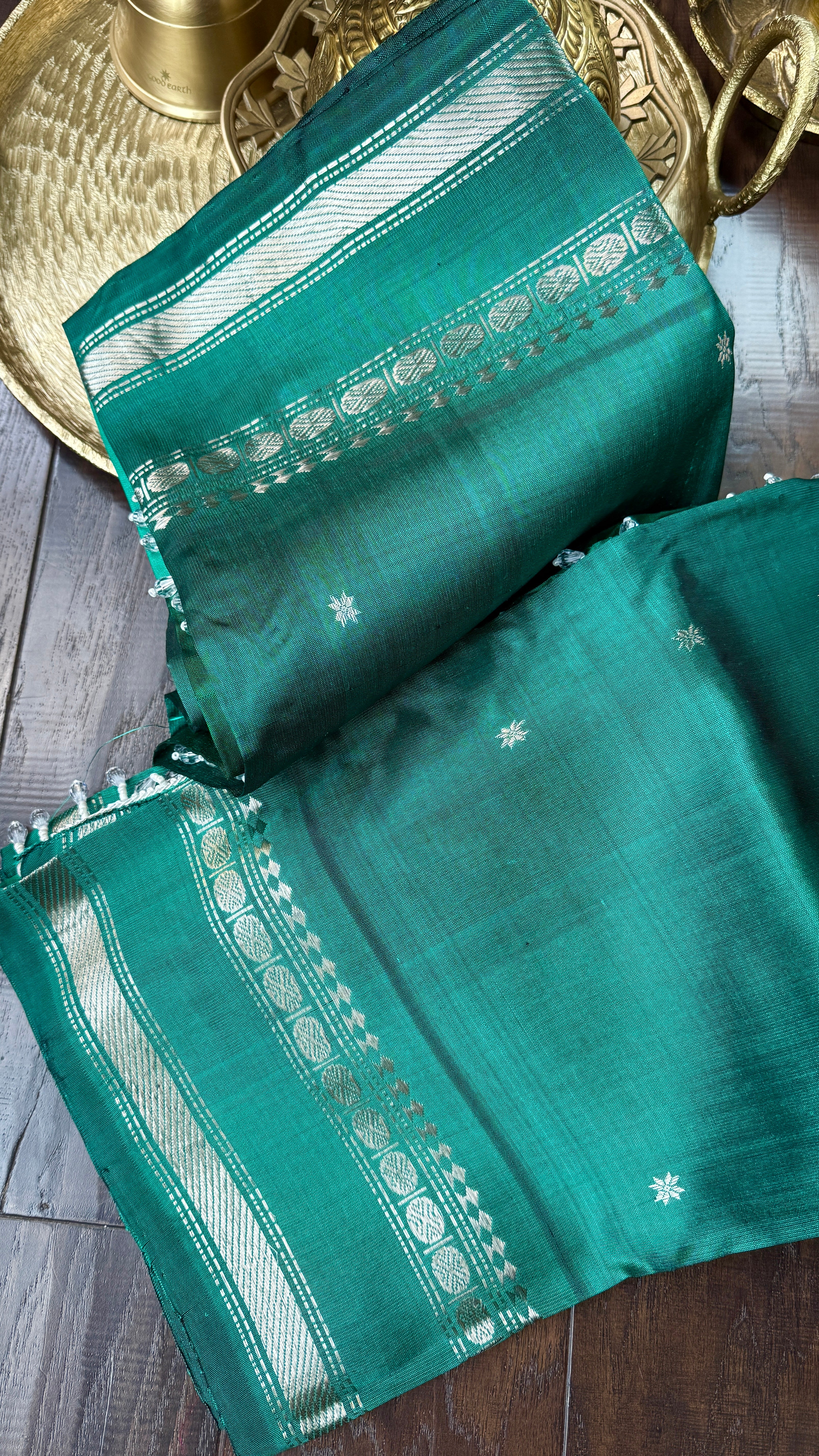 Pure Silk Gadwal - Teal Green Silver Zari
