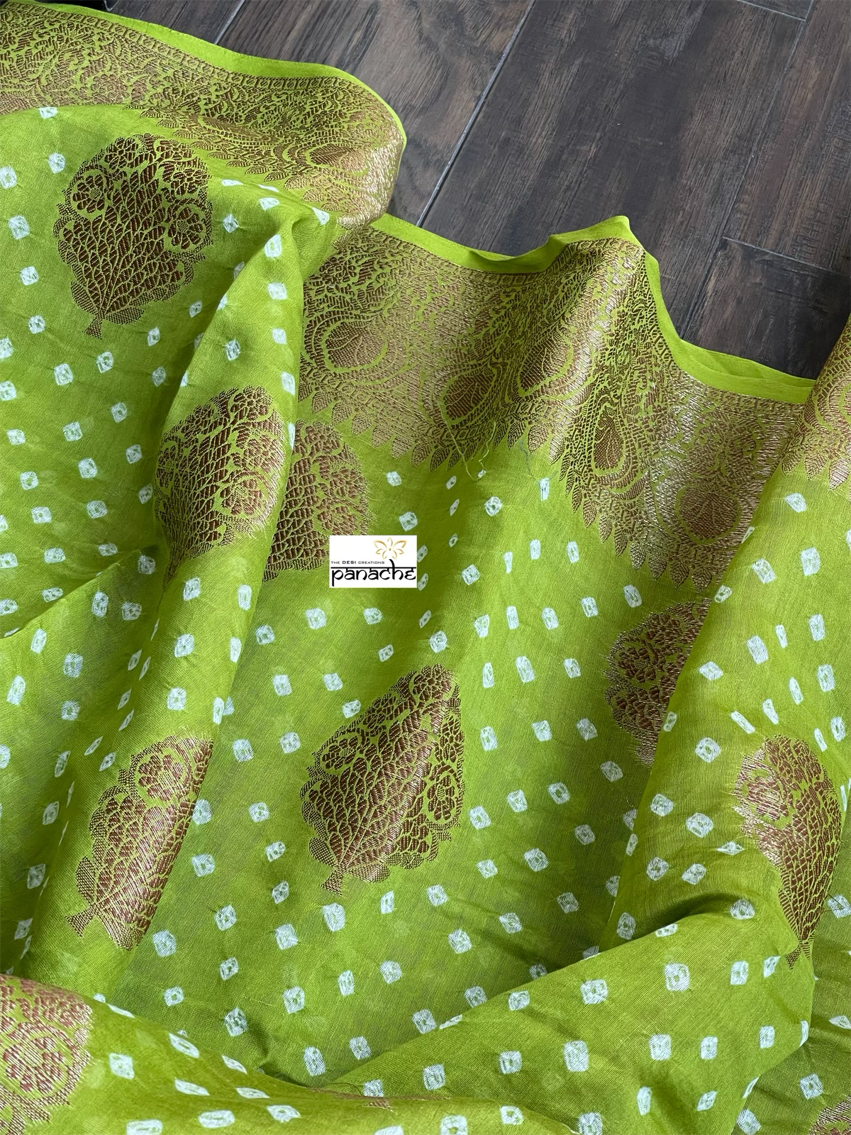 Silk Cotton Bandhani Banaras Chanderi - Green Gold Zari